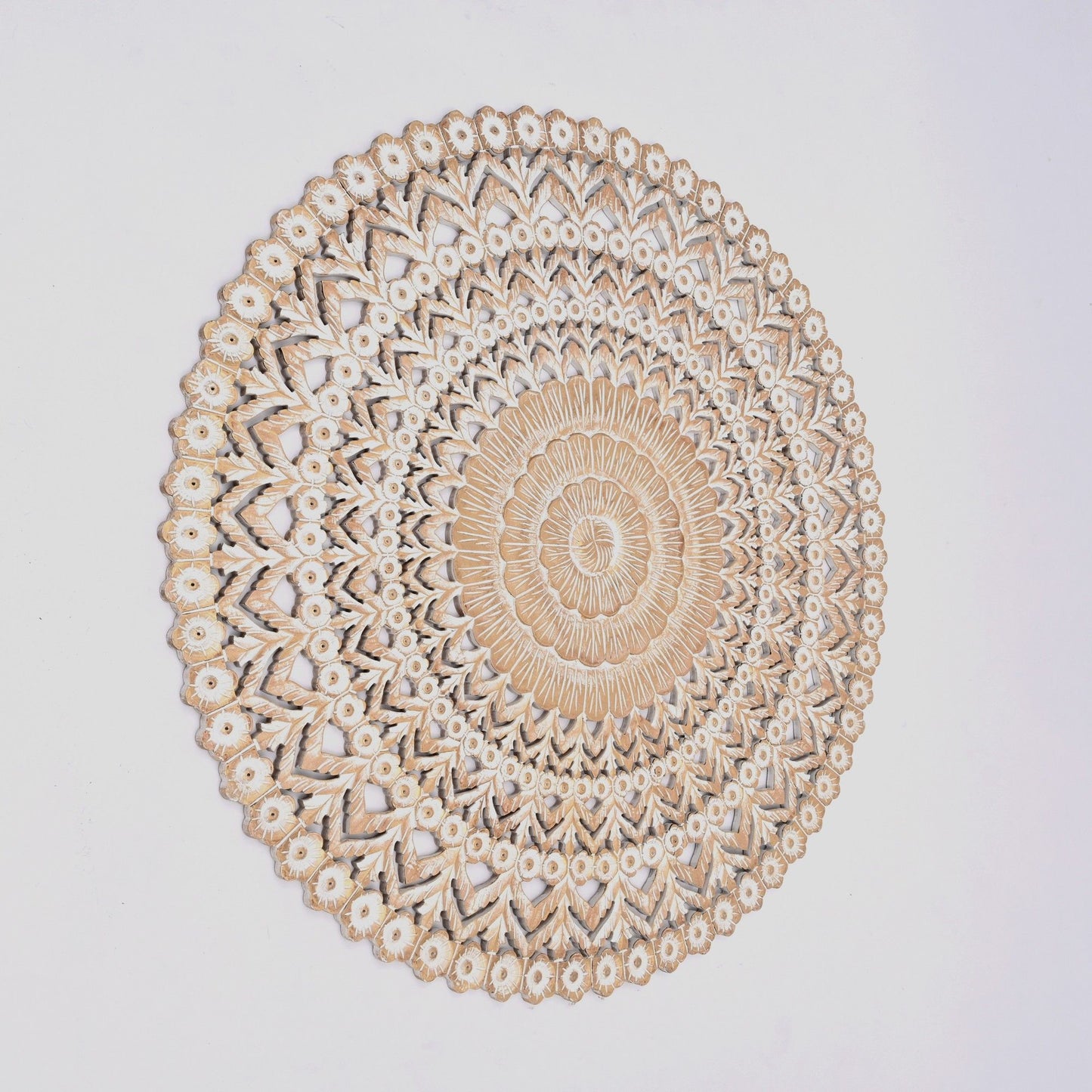 Floral Hand Carved Mandala Round Wall Decor - Brown / Antique White Daily Nest