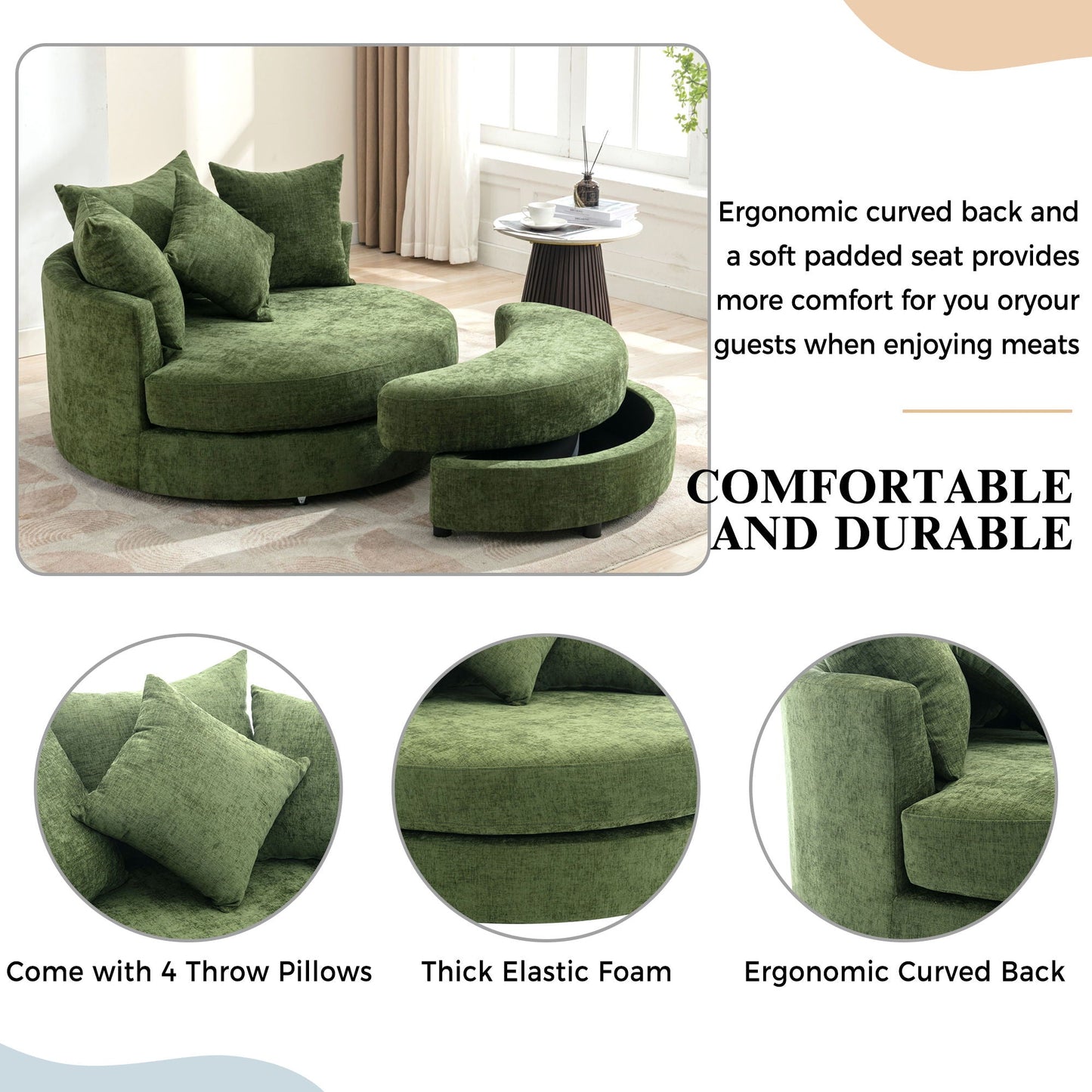 360° Swivel Accent Barrel Chair With Storage Ottoman & 4 Pillows, Modern Chenille Leisure Chair Round Accent For Living Room Hearth and Haven