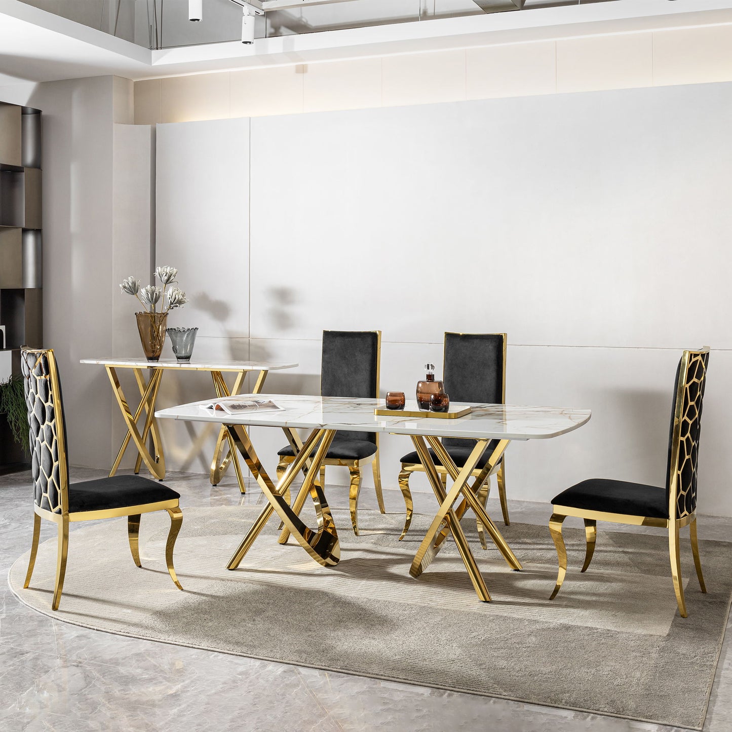 Marble Pattern Dining Table With Stainless Steel Base, Rectangular, Seats 6 Or 8 - Gold Home Essentials