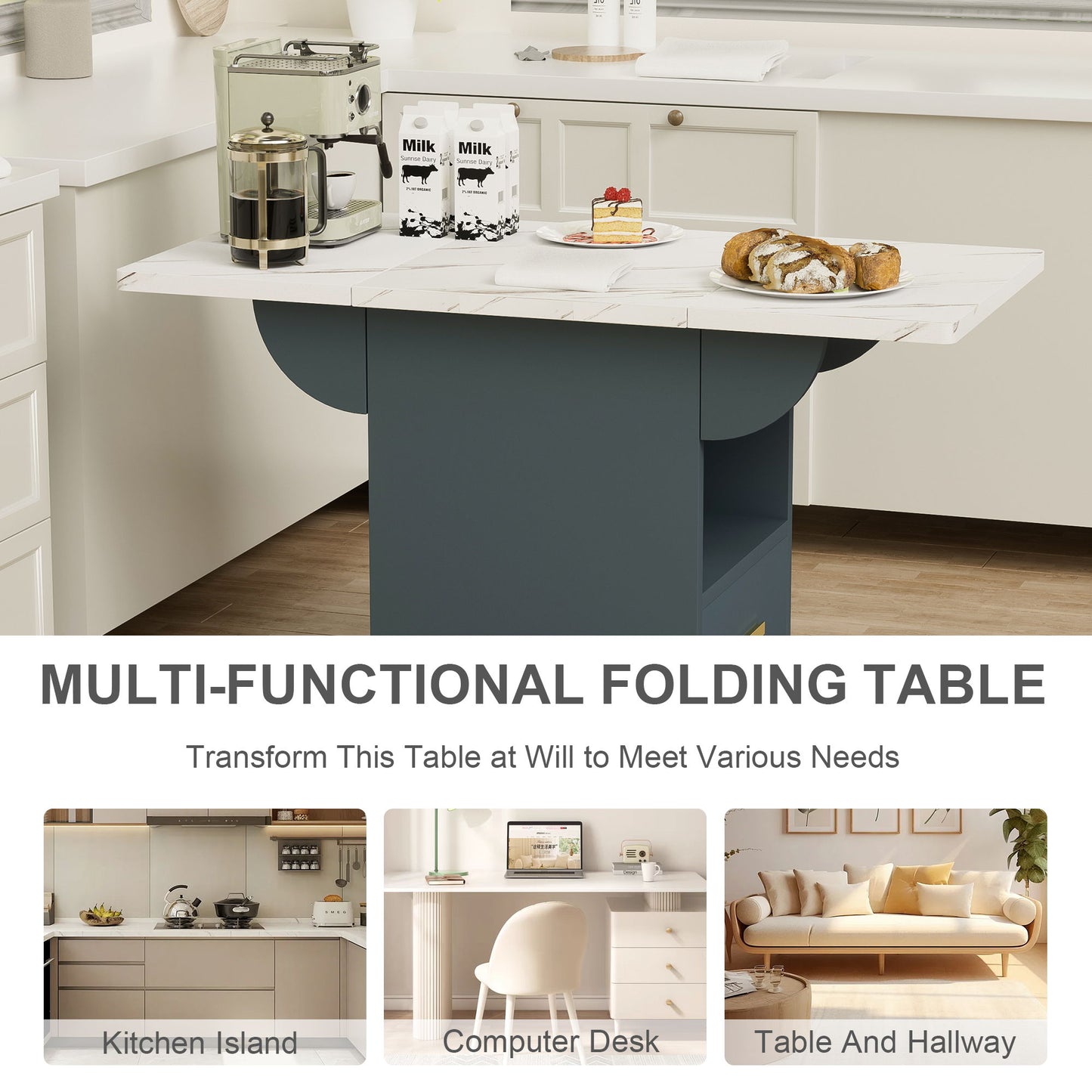 Versatile Wood Folding Dining Table With Wheels, Storage Rack & Drawer, Space Saving Design - White Home Essentials