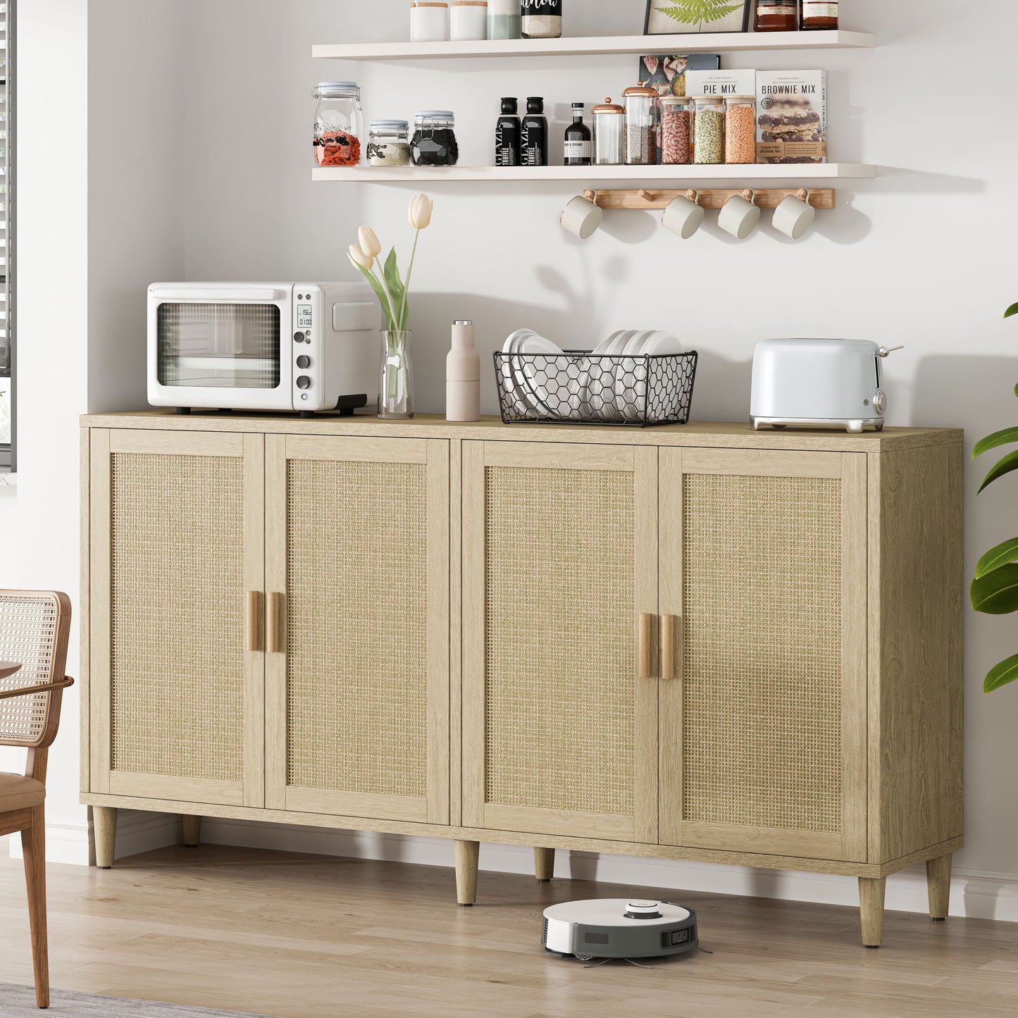 Rattan Buffet Cabinet With Storage, 4 Door Sideboard, Adjustable Shelves - Natural Home Essentials