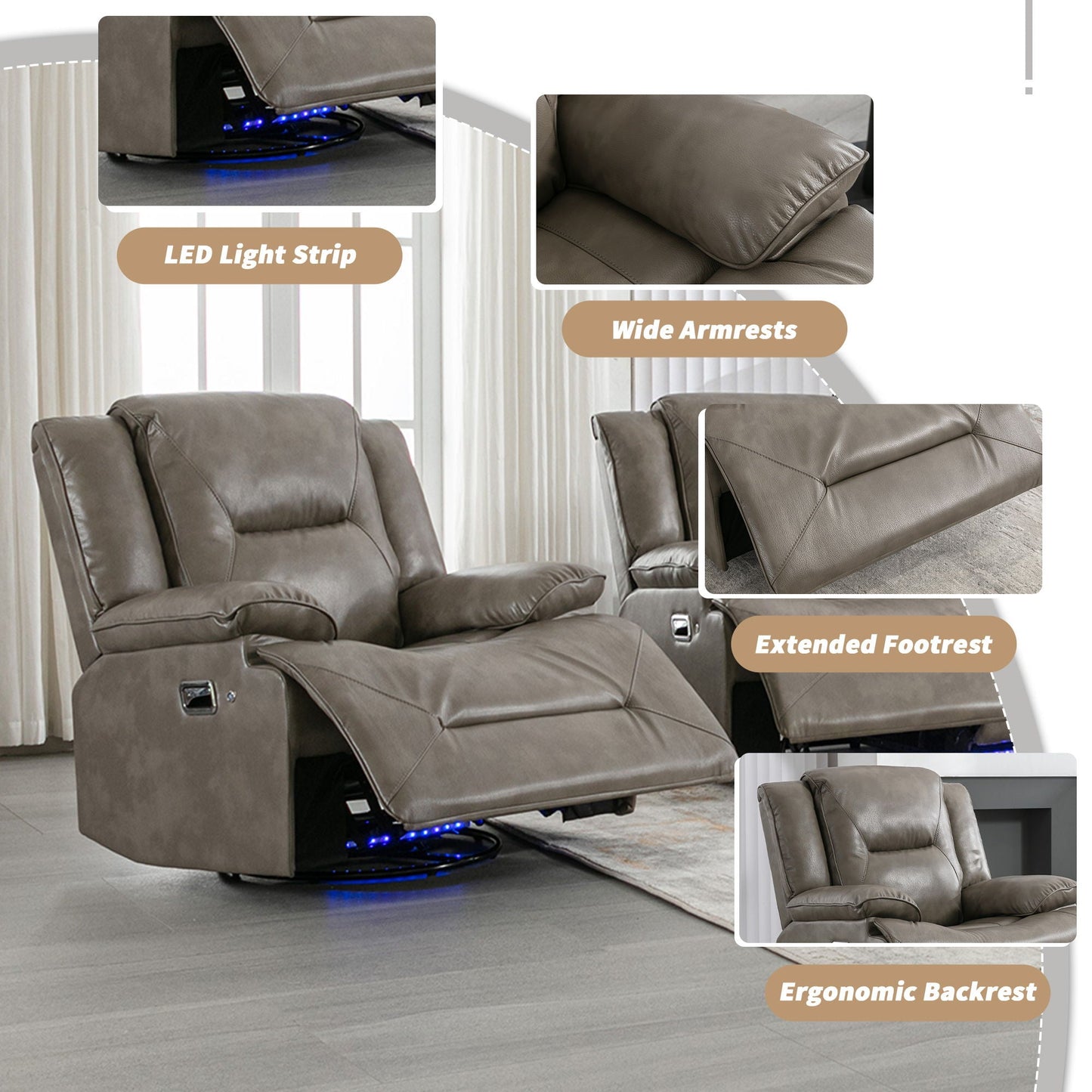 360° Swivel And Rocking Home Theater Recliner Manual Recliner Chair With A LED Light Strip For Living Room Hearth and Haven