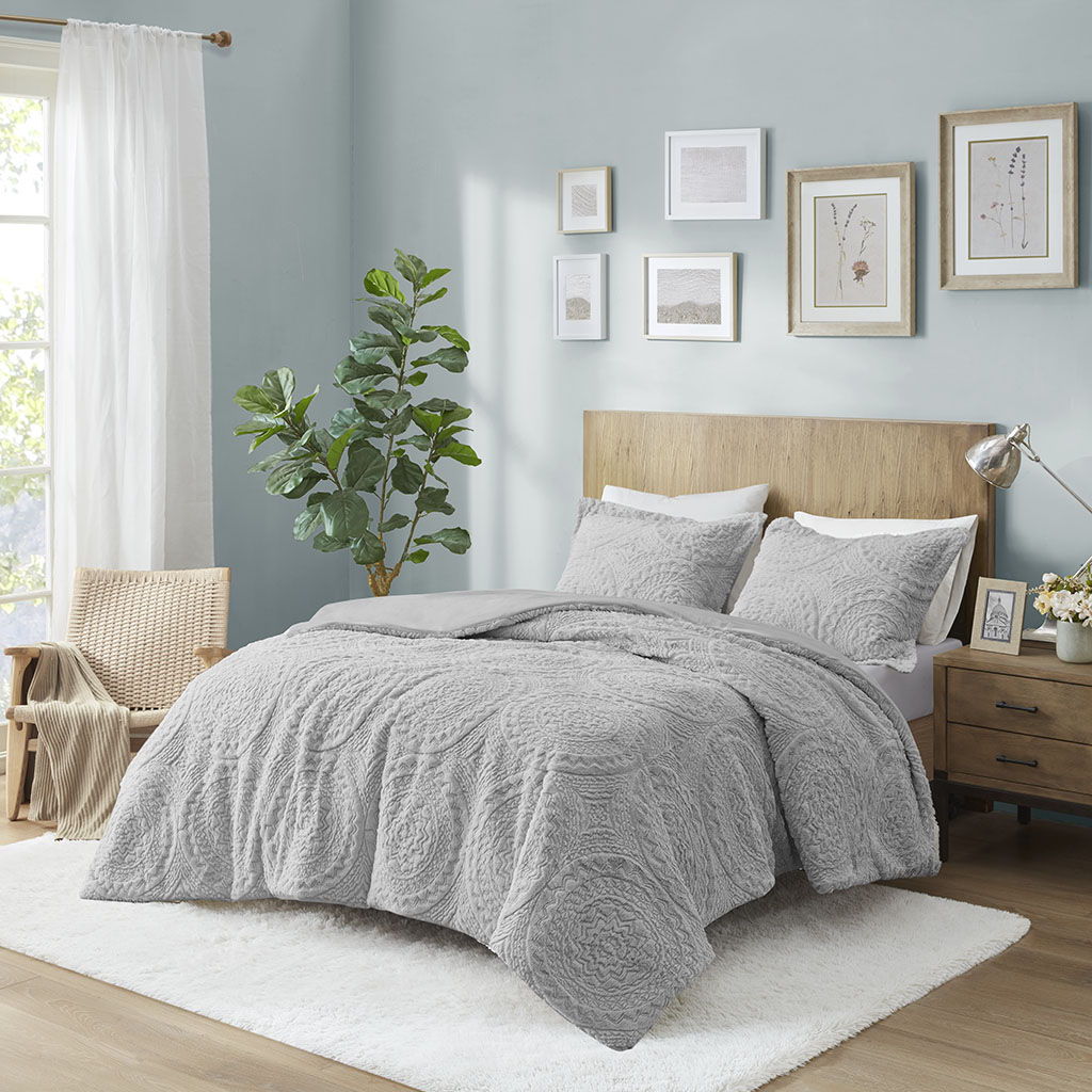 Arya - King Embroidered Medallion Ultra Comforter Mini Set - Gray Madison Park