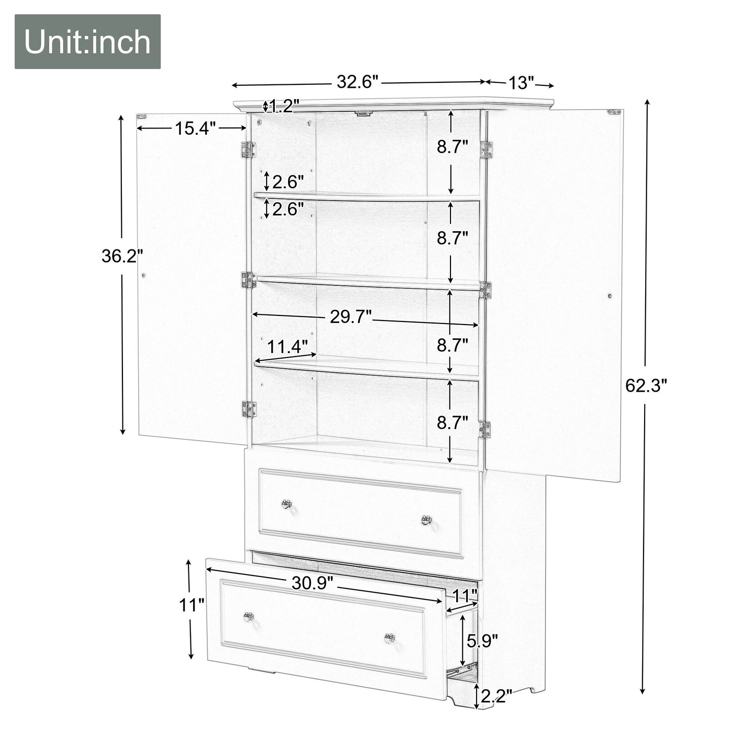 Wide Bathroom Storage Cabinet, Freestanding Storage Cabinet With Two Drawers And Adjustable Shelf, MDF Board With Painted Finish - Gray Hearth and Haven