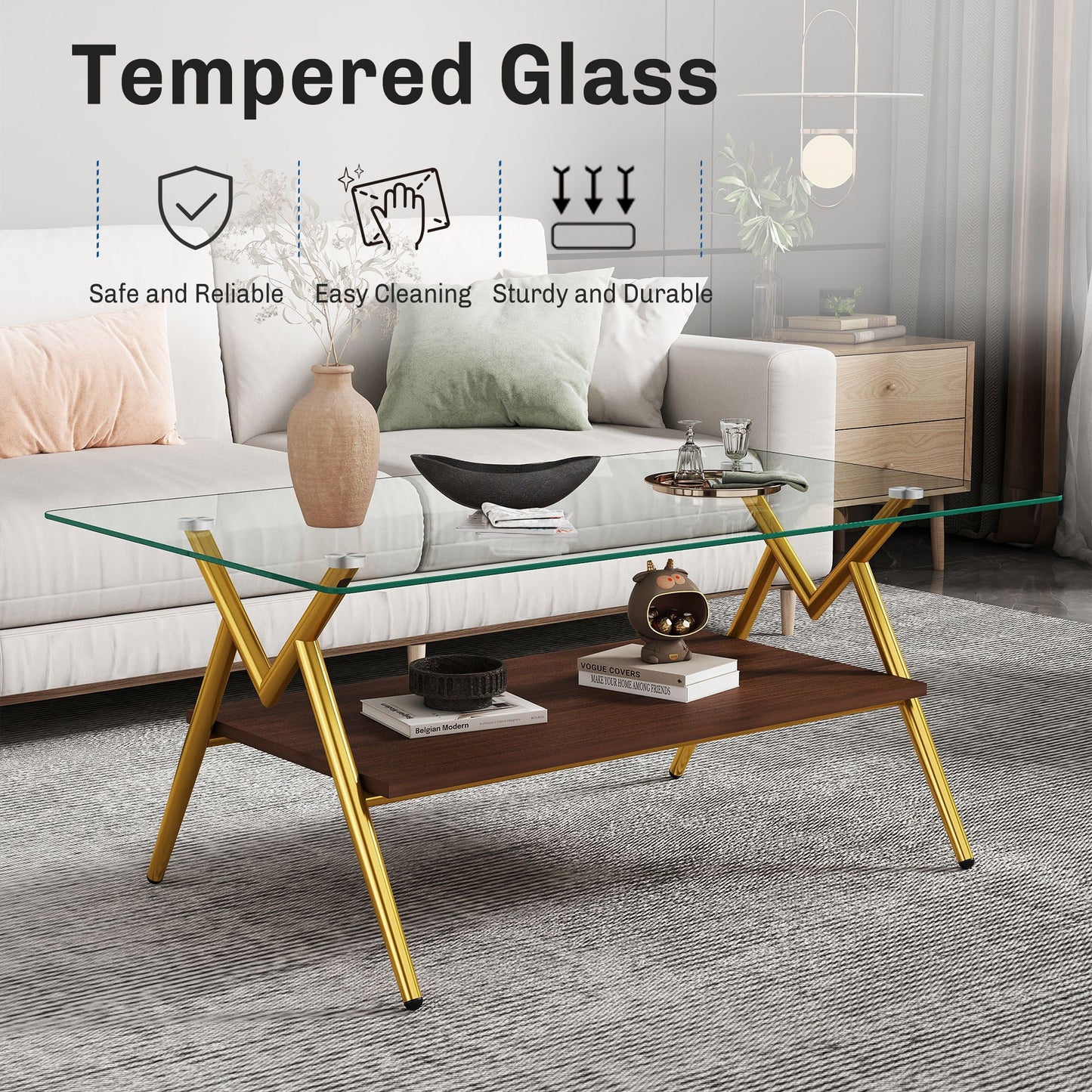 Rectangle Coffee Table With Tempered Glass Top And Shelf, Modern Table For Living Room Home Essentials