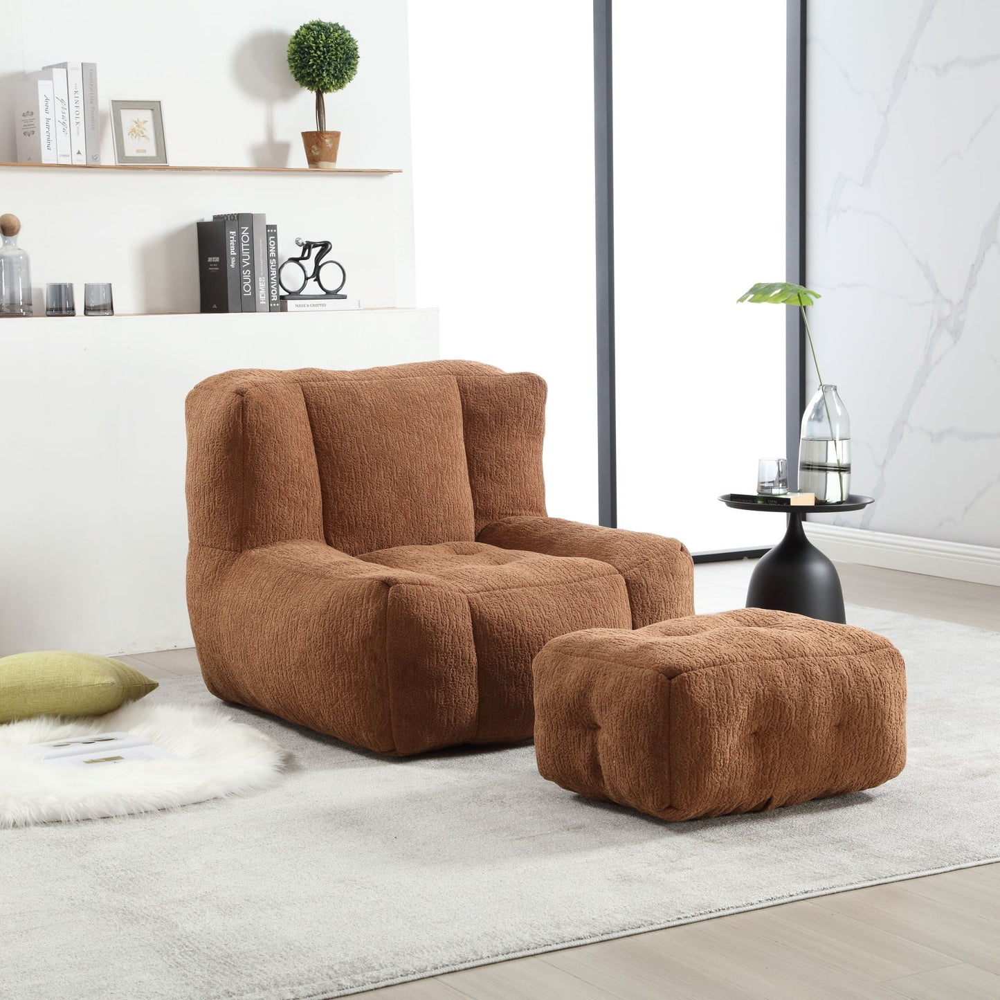 Modern Indoor Fluffy Bean Bag Chair With Memory Foam And Ottoman, Super Soft Home Essentials