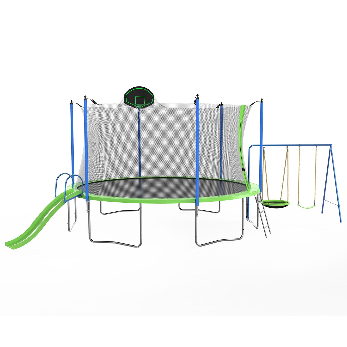 14Ft Trampoline With Slide And Swings, Astm Approved Large Recreational Trampoline With Basketball Hoop And Ladder, Outdoor Backyard Trampoline With Net, Capacity For Kids And Adults - Green / Blue Daily Nest