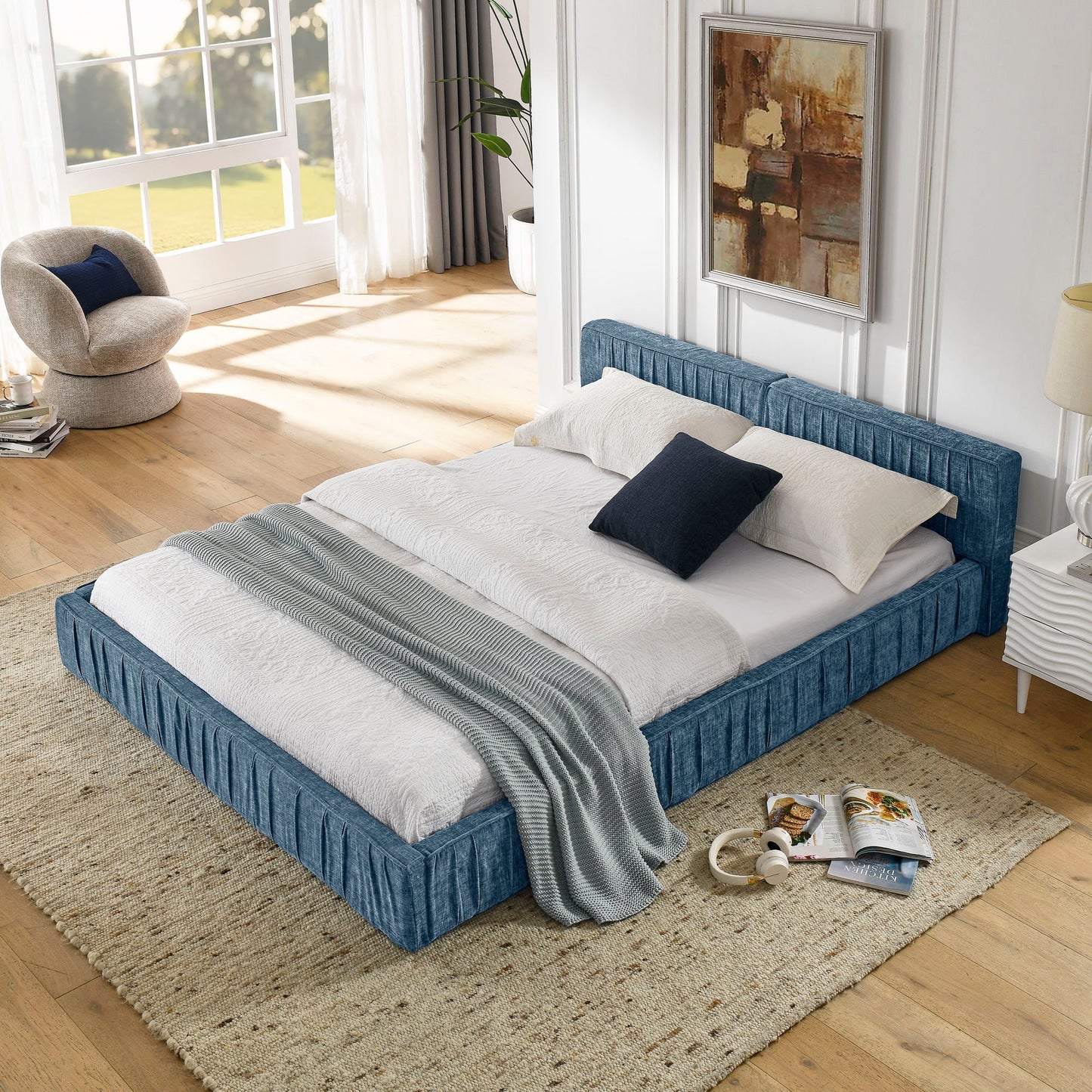 Modern Upholstered Platform Bed Frame With Pleated Design Home Essentials