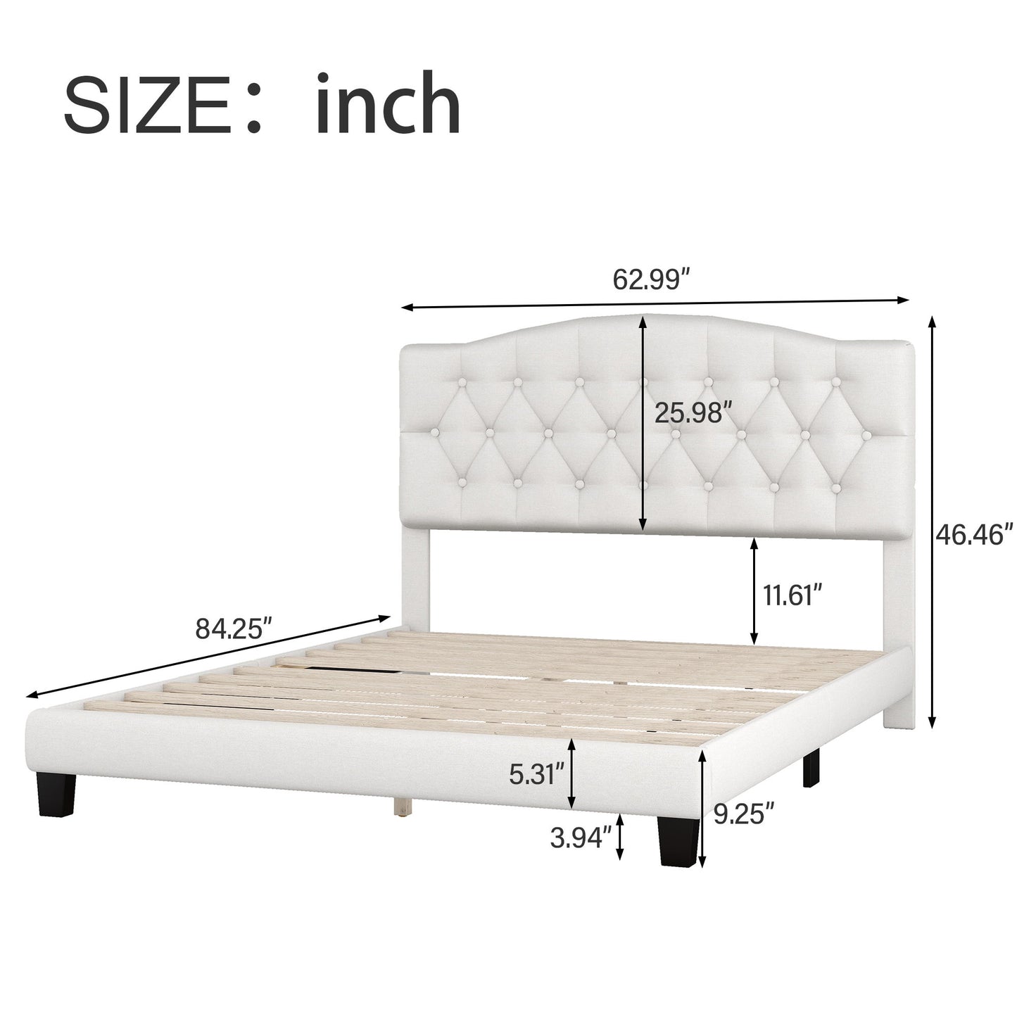 Upholstered Platform Bed With Saddle Curved Headboard And Diamond Tufted Details
