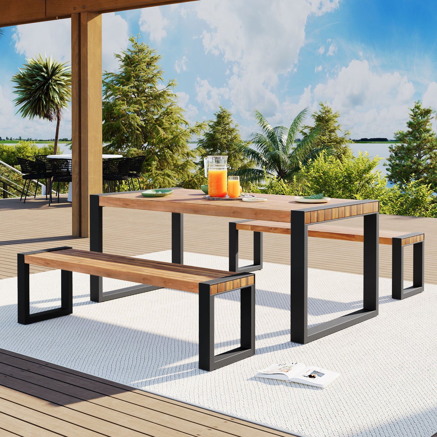 3 Pieces Outdoor Dining Table With 2 Benches, Patio Dining Set With Unique Top Texture, Acacia Wood Top & Steel Frame, All Weather Use, For Outdoor & Indoor - Natural Hearth and Haven
