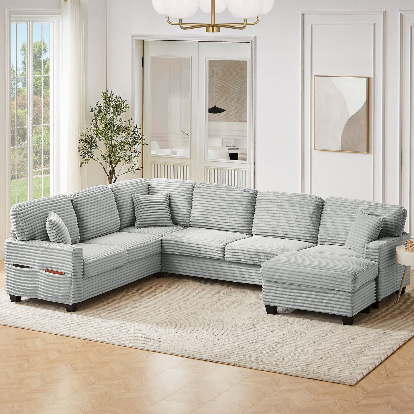 Upholstered U-Shaped Sectional Sofa With Movable Ottoman And Side Storage Pockets - Snoozhouse