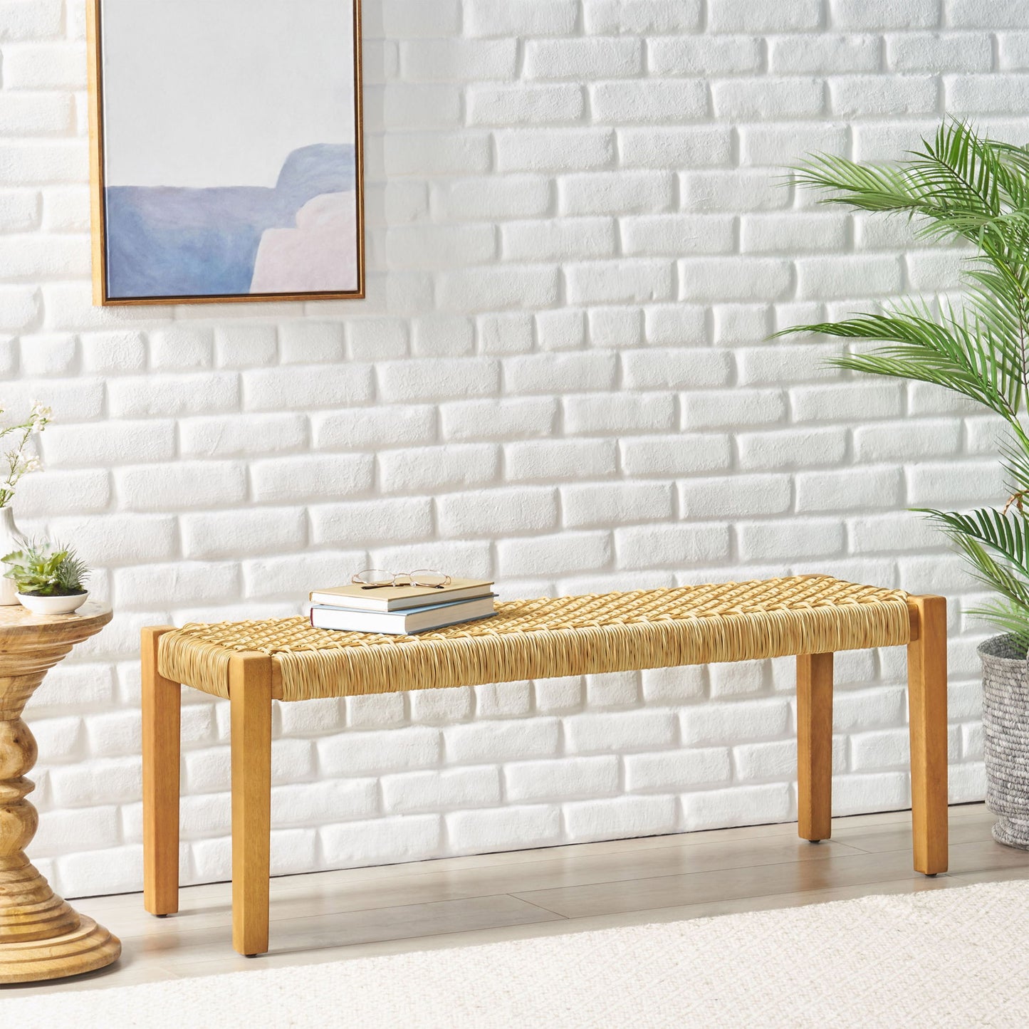 Angie - Bench Outdoor Seating Acacia Wood Faux Rattan - Teak Noble House