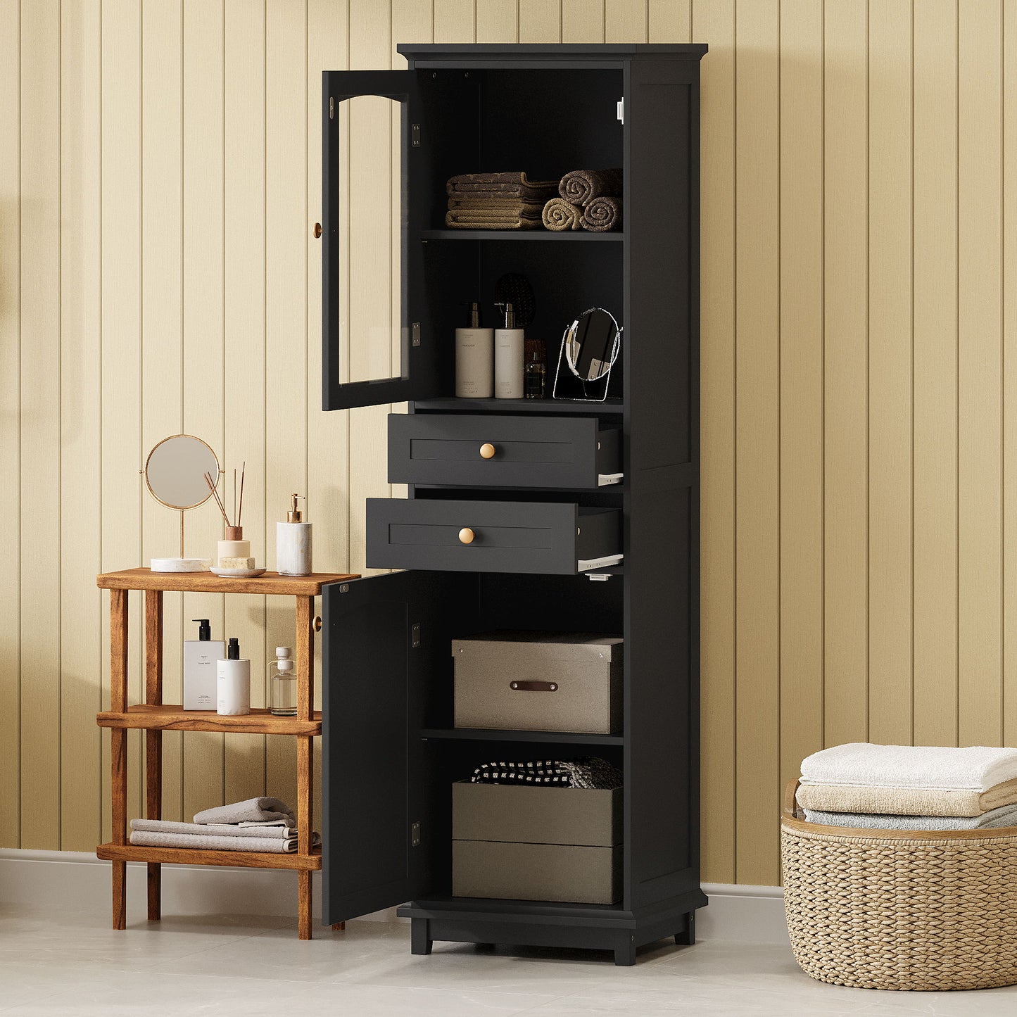 Tall Bathroom Storage Cabinet With Glass Doors, Free-Standing, Two Drawers, And Adjustable Shelves, MDF Board, Painted Perfect For Displaying Your Favorite Items Hearth and Haven