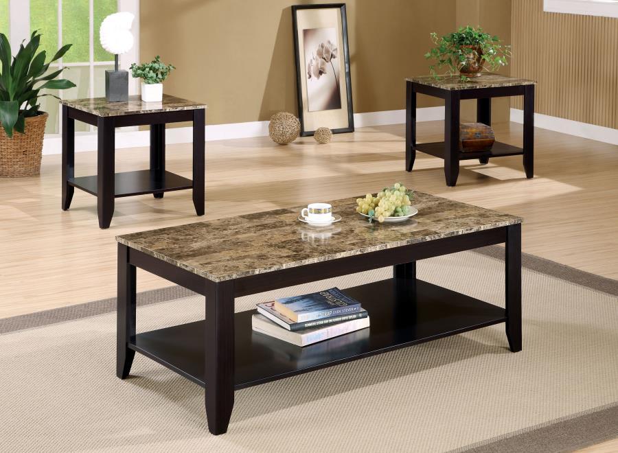 Flores - 3 Piece Faux Marble Top Coffee Table Set - Cappuccino CoasterEveryday