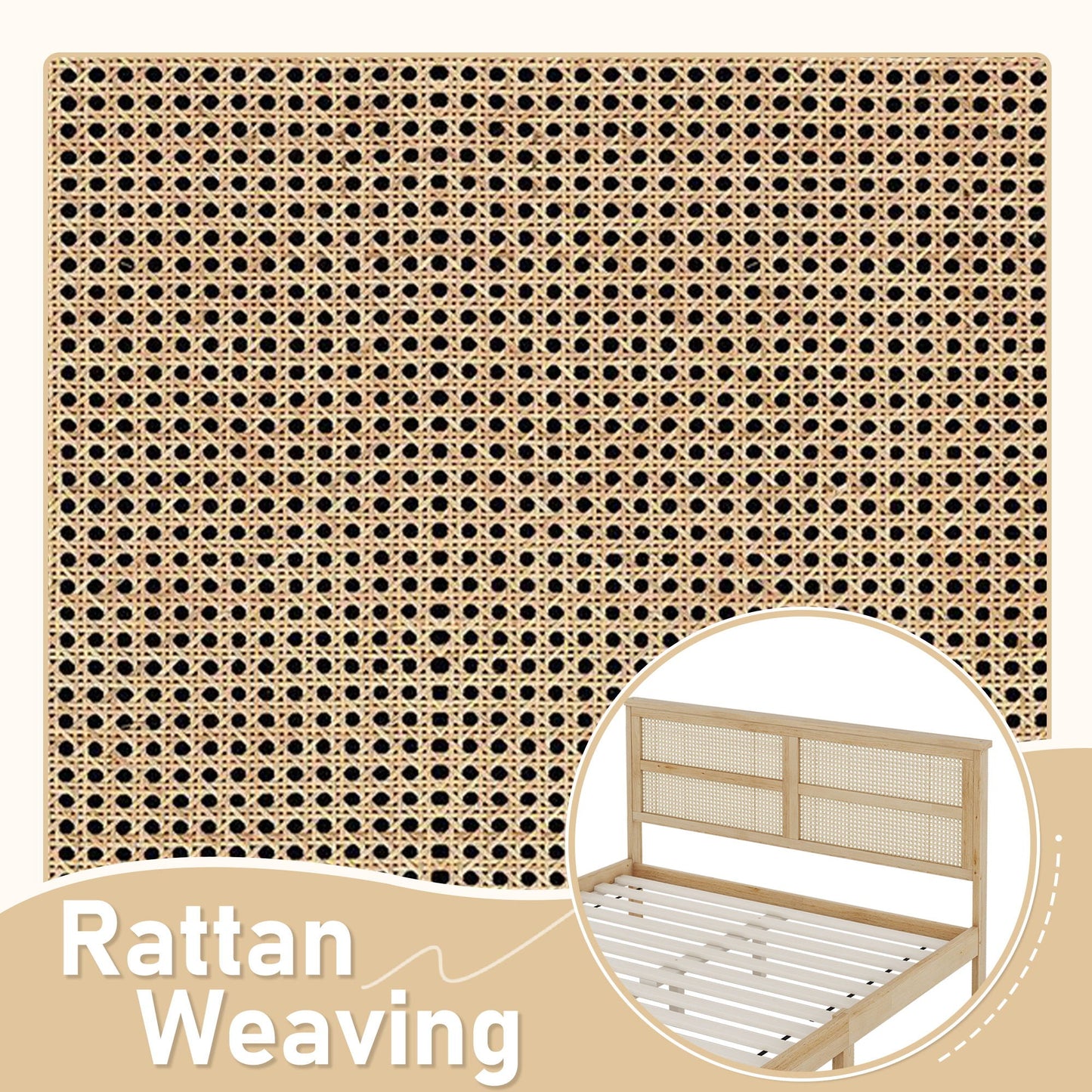 Queen Size Rubber Wooden, Solid Wooden Bed With Rattan Headboard, Enhanced By Support Feet - Natural Home Essentials