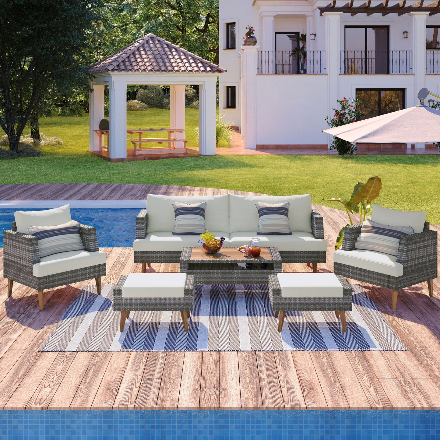 6 Pieces All Weather Sofa Set, Outdoor Rattan Sofa With Double Cushions Hearth and Haven