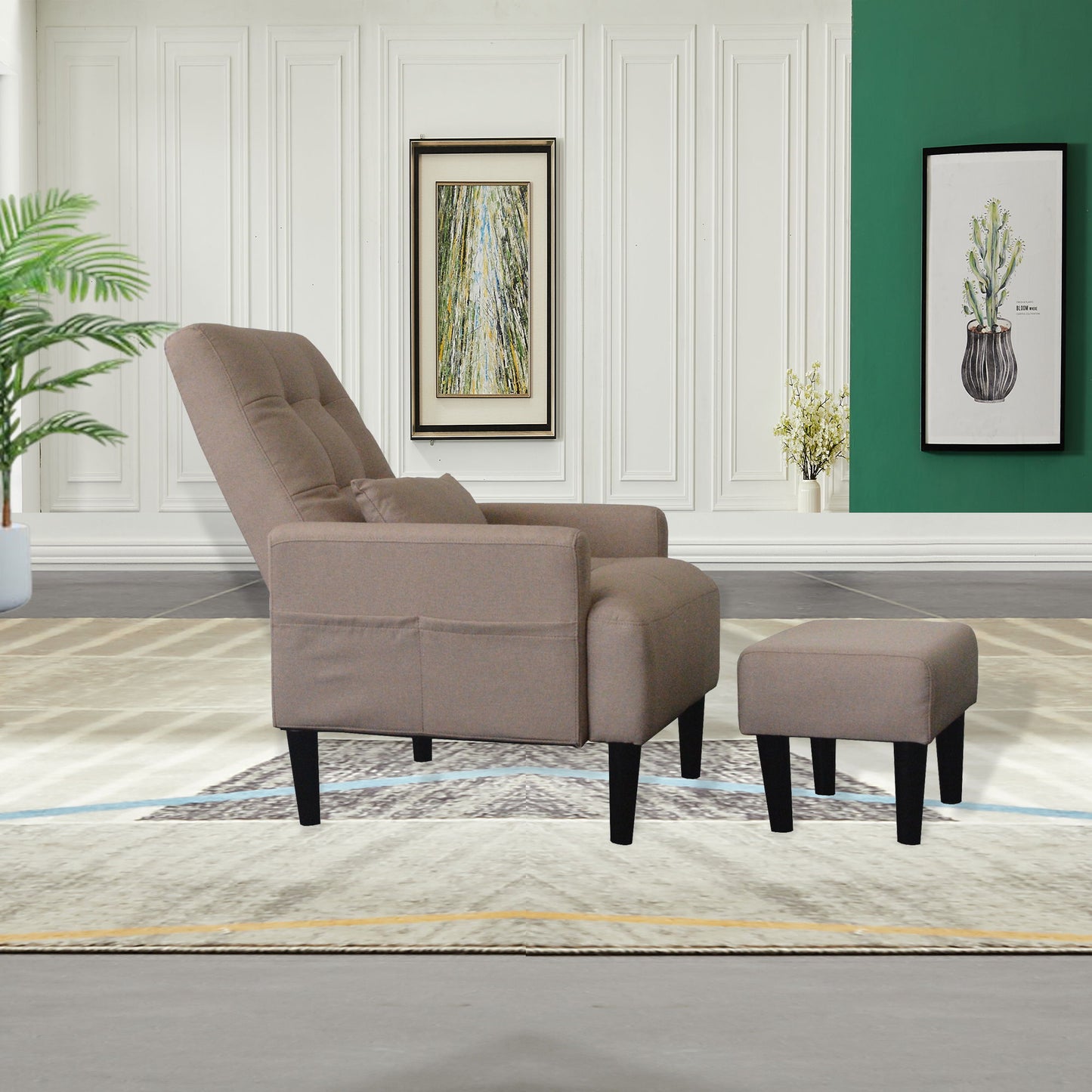 Living Room Sofa Single Chair And Ottoman, Modern Multi-Function Fabric Living Room Sofa Lounge Chair Bed And Stool. Soft Leisure Single Chair Adjustable Into 5 Angles With Sofa Bed Home Essentials