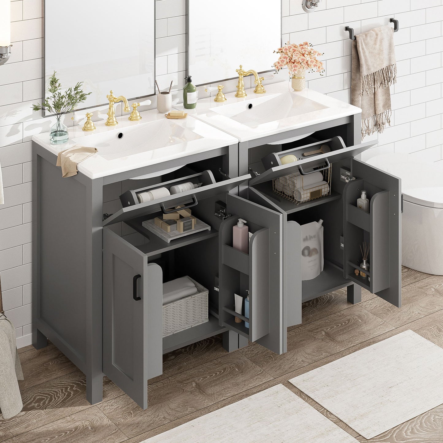 Bathroom Vanity With Ceramic Sink, Soft Close Doors, Flip Drawer, Double Layer Door Shelves Hearth and Haven