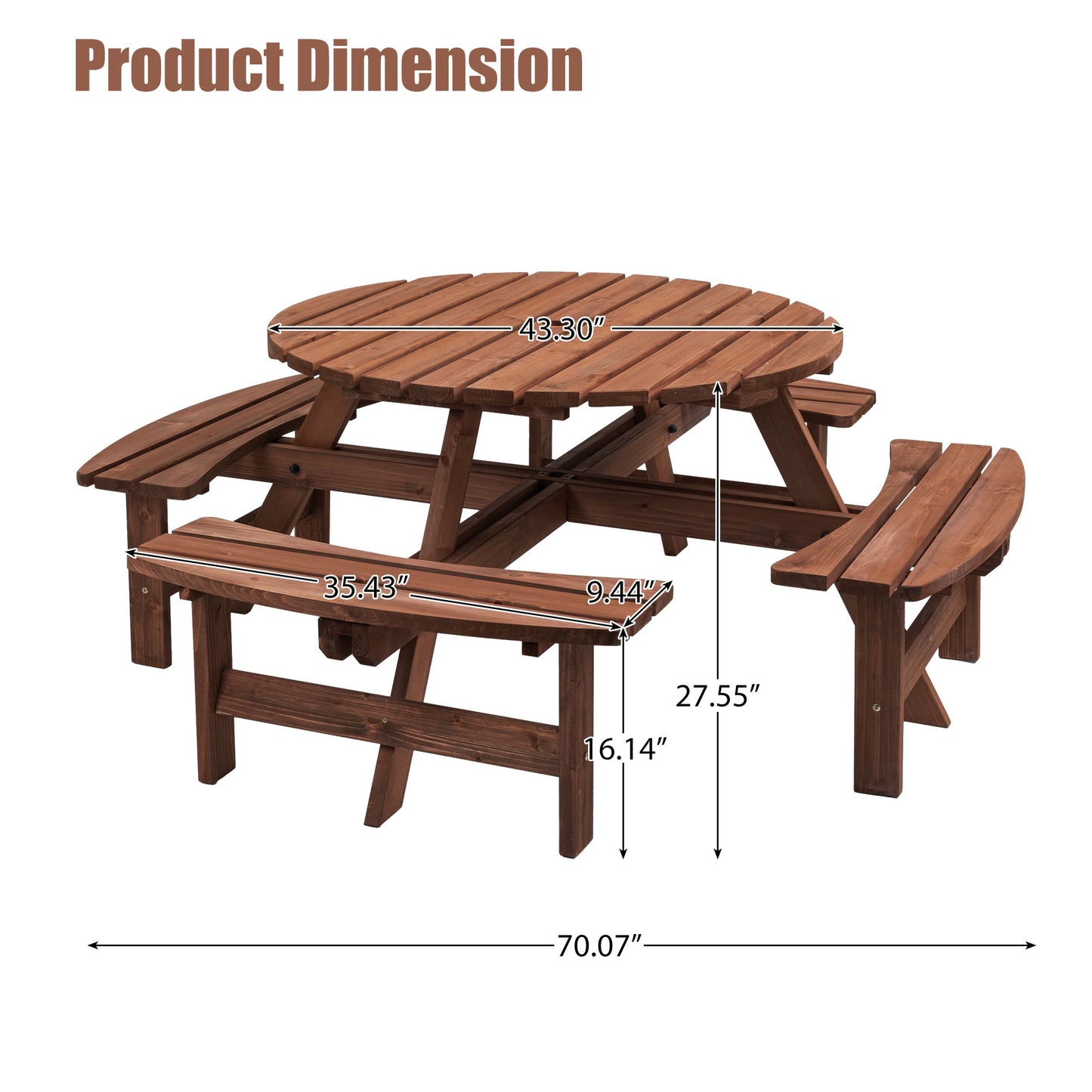 8 Person Wooden Picnic Table, Outdoor Camping Dining Table With Seat, Garden, Diy With 4 Built-In Benches, 2220Lb Capacity Home Essentials