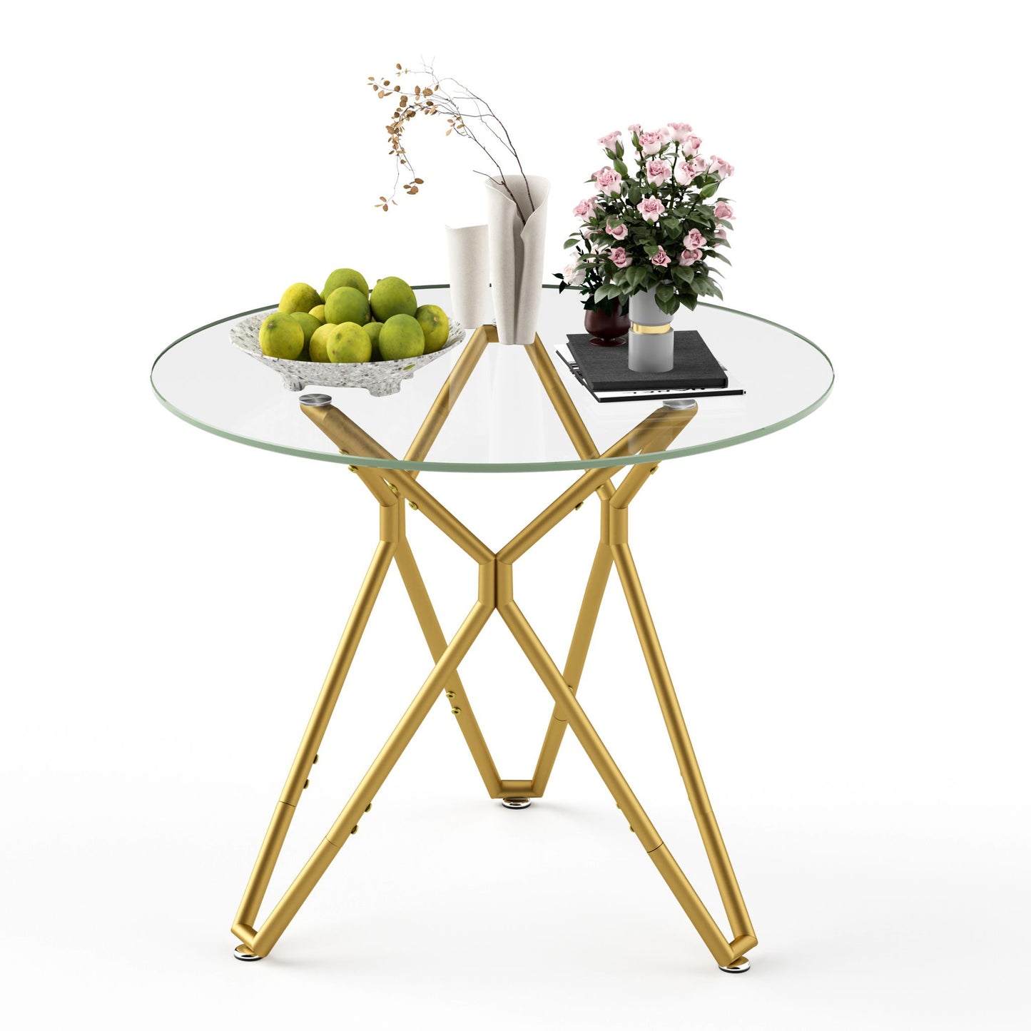 Modern Round Tempered Glass Dining Table With Sturdy Metal Legs For 1 - 4 People - Gold Home Essentials