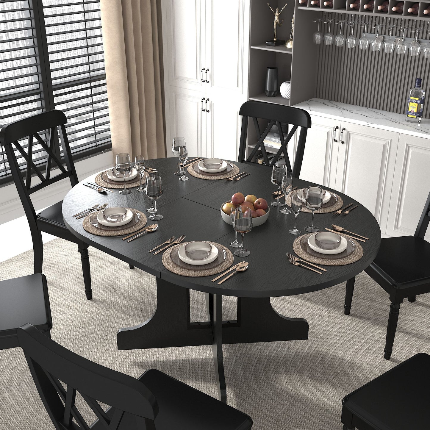 Dining Table For Farmhouse Kitchen Expandable Oval Table Top With Removable Leaf Trestle X Shaped Base - Black Home Essentials