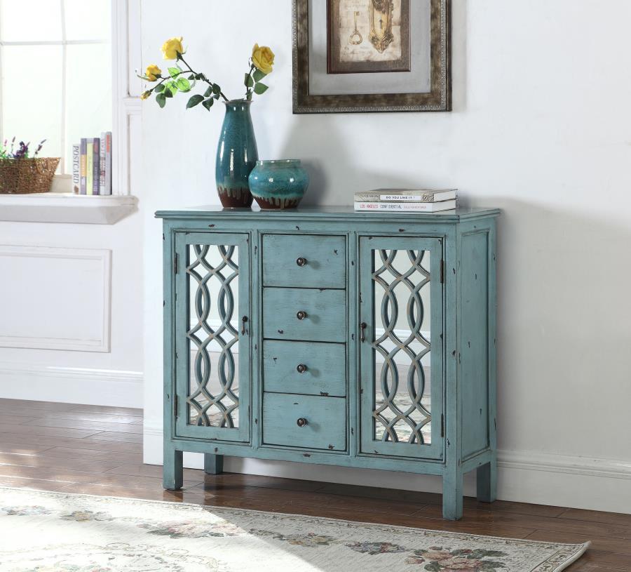 Rue - 4-Drawer Wood Trellis Accent Storage Cabinet - Blue CoasterEveryday