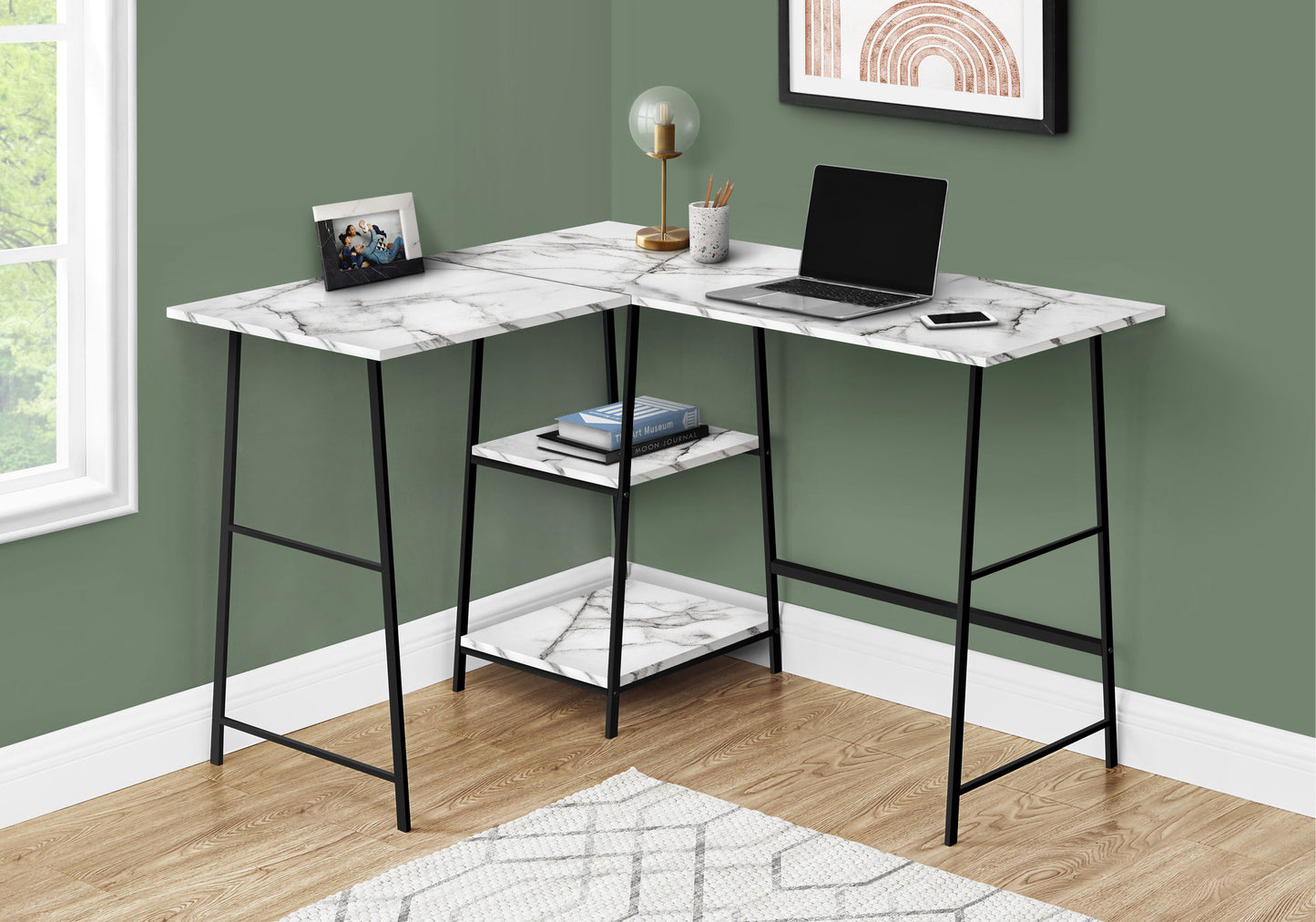 Computer Desk, Home Office, Corner, Storage Shelves, L Shape, Work, Laptop, Marble Look Laminate, Contemporary, Modern 8th Street
