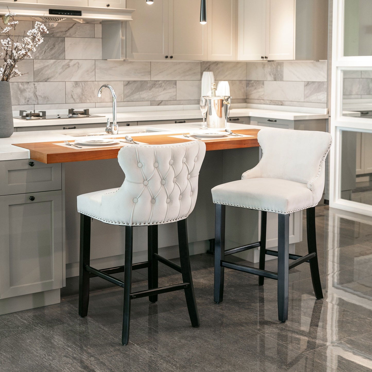Contemporary Velvet Upholstered Wing-Back Barstools With Button Tufted Decoration And Wooden Legs, And Chrome Nailhead Trim, Leisure Style Bar Chairs, Bar Stools (Set of 2) Home Essentials