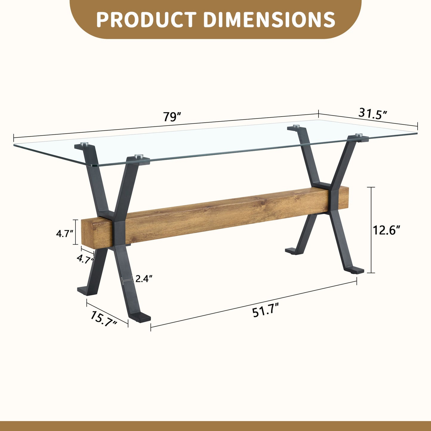 Elegant Tempered Glass Dining Table With X Shaped Metal Legs And Wood Grain Crossbeam - Black / Transparent Home Essentials