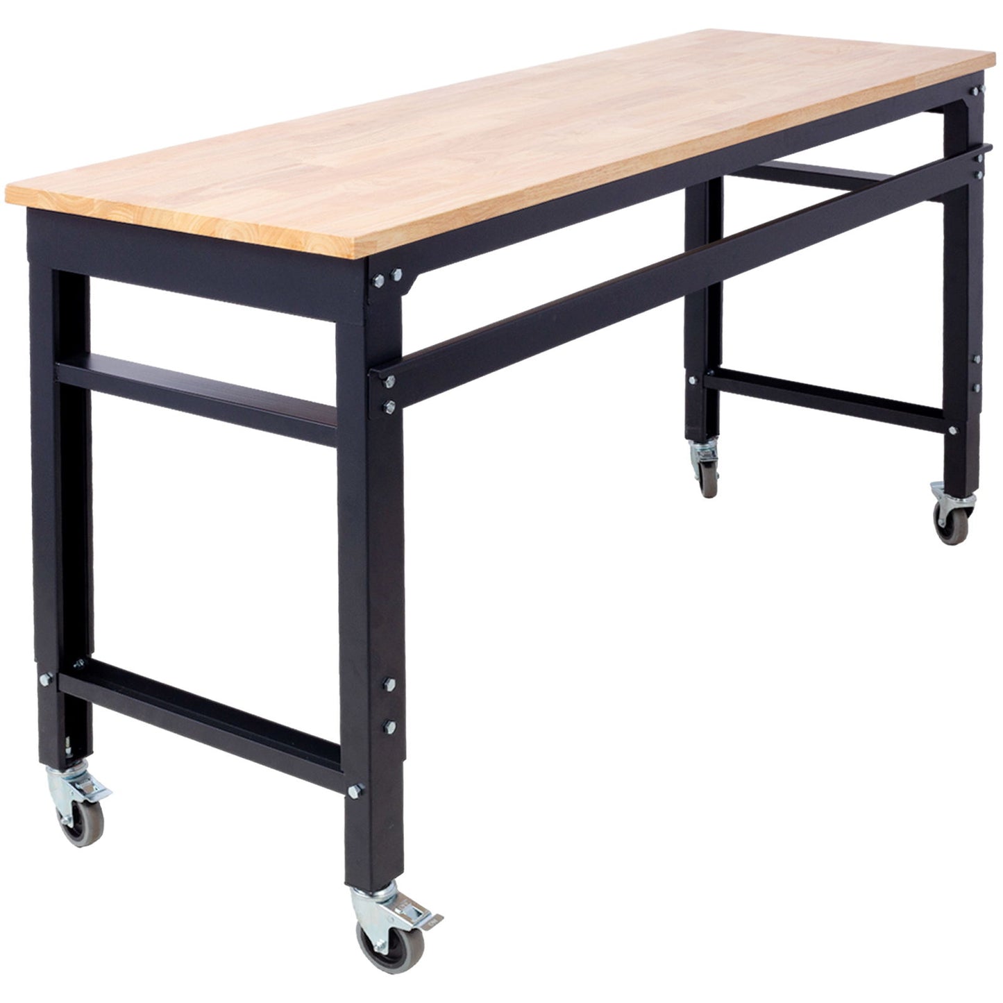 Wide Rolling Workbench For Garage, Adjustable Height, Workshop Tool Bench, Metal With Rubber Wood Top Daily Nest