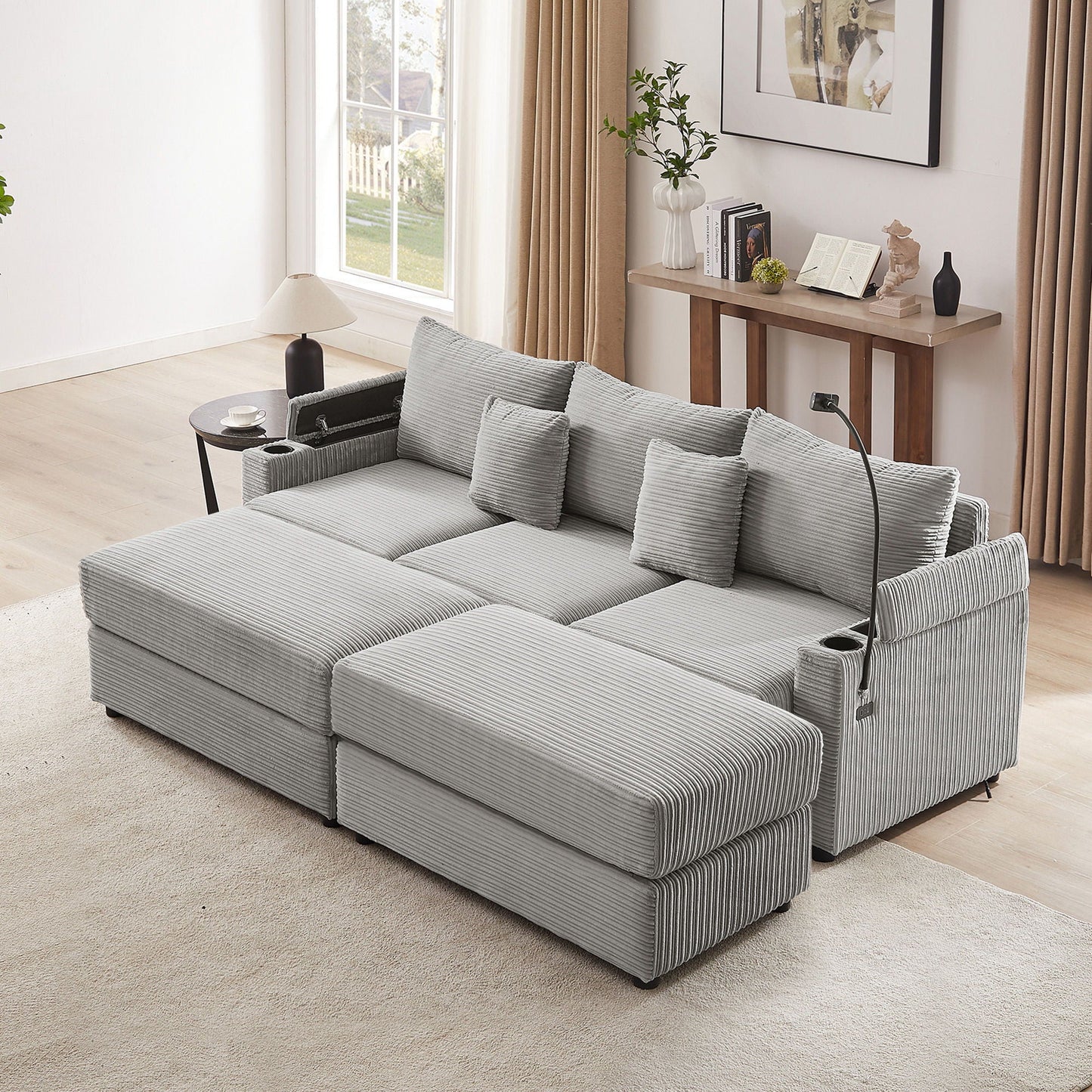 Modern Style Loveseat Sofa Sectional Sofa Couch With Storage Space, A Movable Ottoman, Two USB Ports, Two Cup Holders, A Phone Holder For Living Room Hearth and Haven