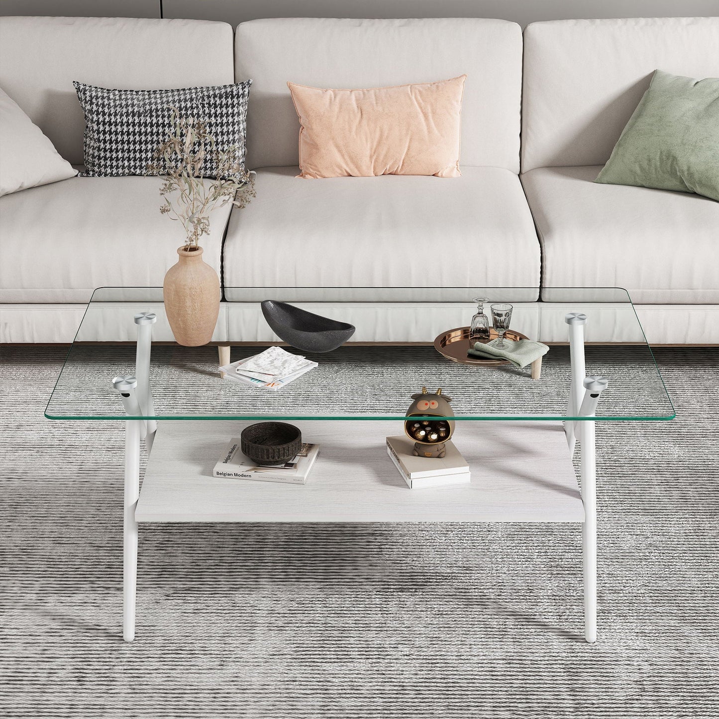 Rectangle Coffee Table With Tempered Glass Top And Shelf, Modern Table For Living Room Home Essentials