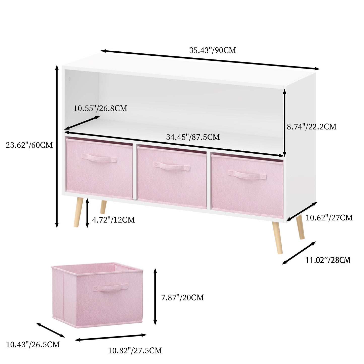 Kids Bookcase With Collapsible Fabric Drawers, Children's Book Display, Toy Storage Cabinet Organizer - White / Pink Home Essentials