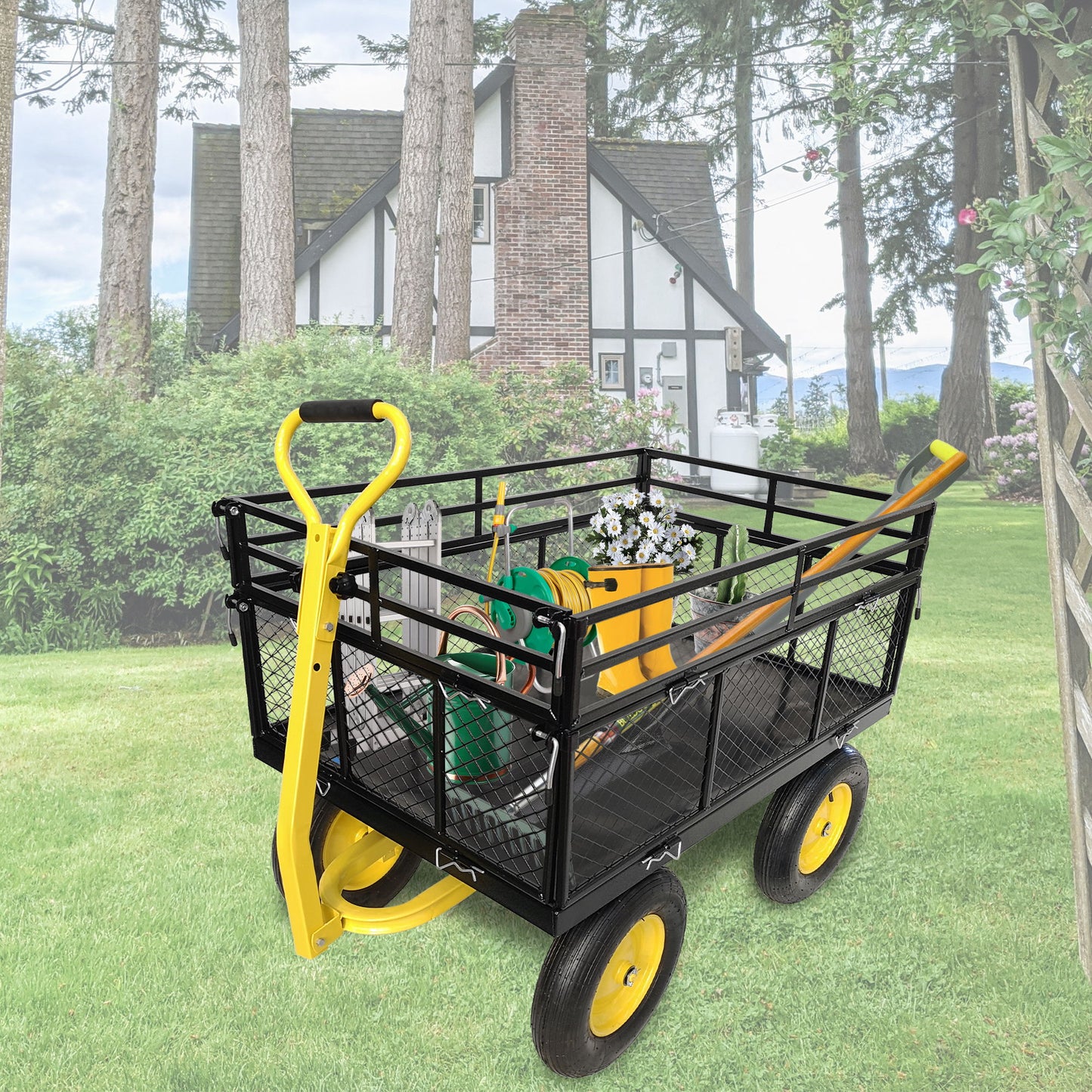 Steel Garden Cart, Heavy Duty 1400 Lbs Capacity, With Removable Mesh Sides To Convert Into Flatbed, Utility Metal Wagon With 2-In-1 Handle And 16 In Tires, Perfect For Garden, Farm, Yard - Black Daily Nest