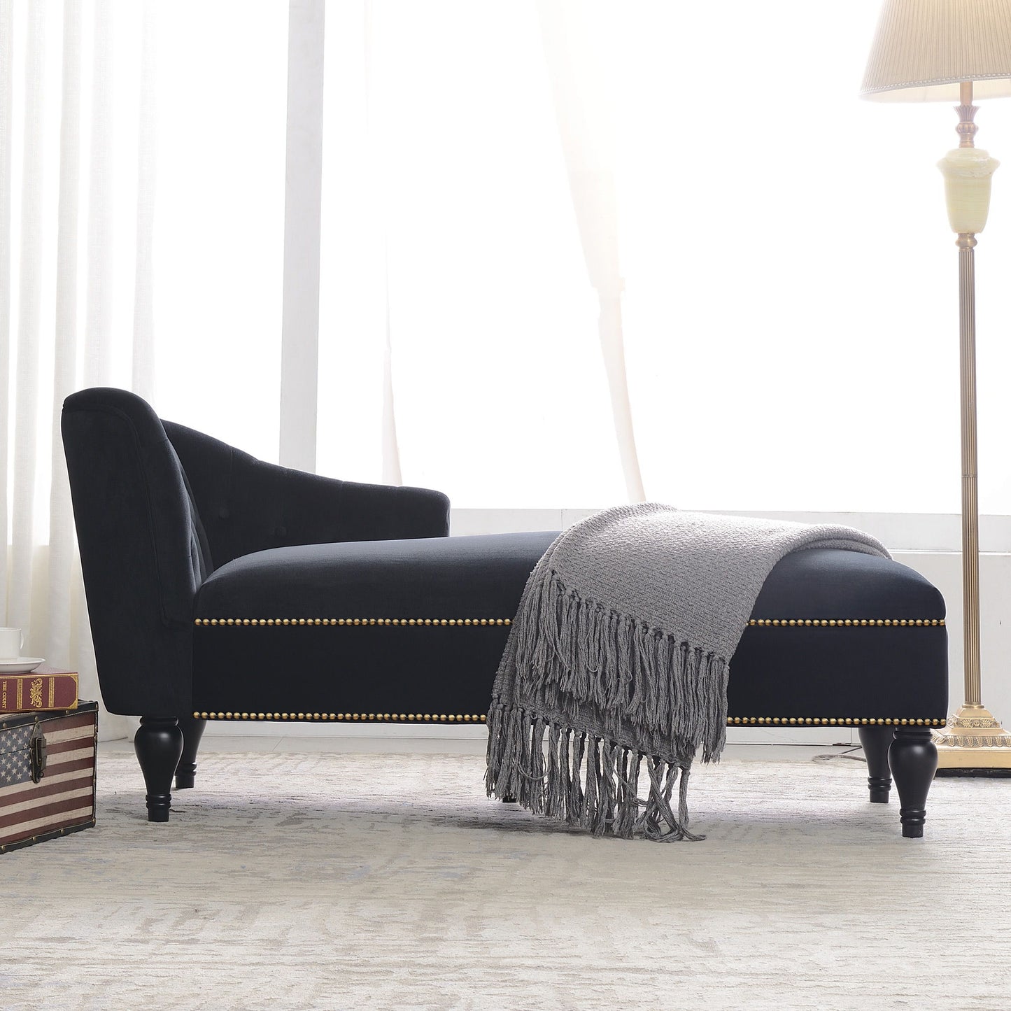 Velvet Chaise Lounge, Button Tufted Right Arm Facing Lounge Chair With Nailhead Trim For Living Room - Black Luxe & Co.