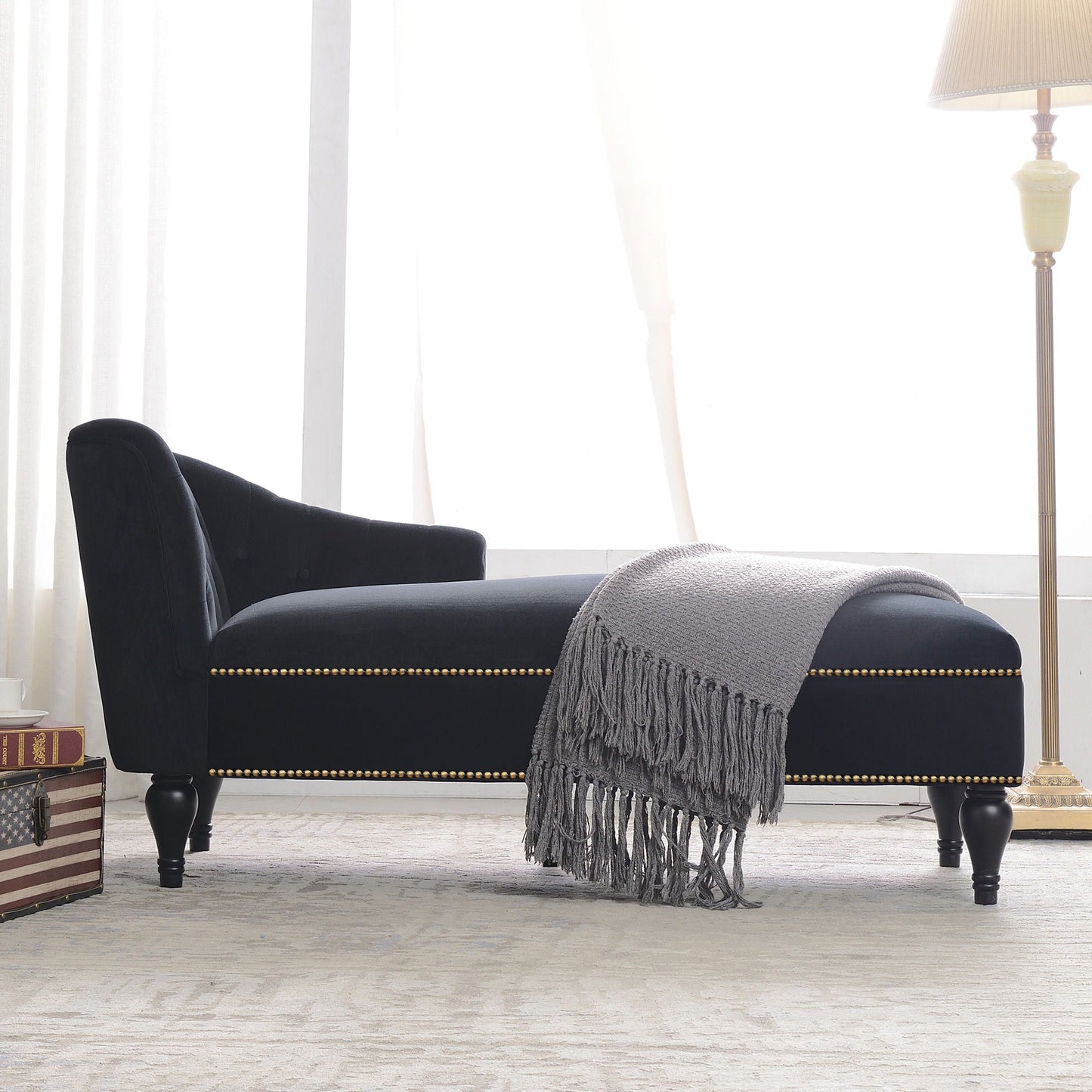 Velvet Chaise Lounge, Button Tufted Right Arm Facing Lounge Chair With Nailhead Trim For Living Room - Black Luxe & Co.