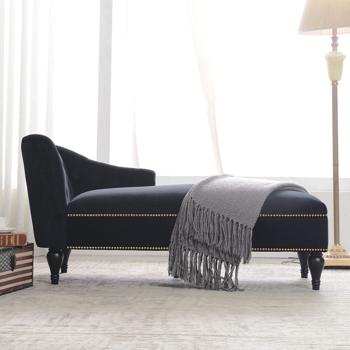 Velvet Chaise Lounge, Button Tufted Right Arm Facing Lounge Chair With Nailhead Trim For Living Room - Black Luxe & Co.