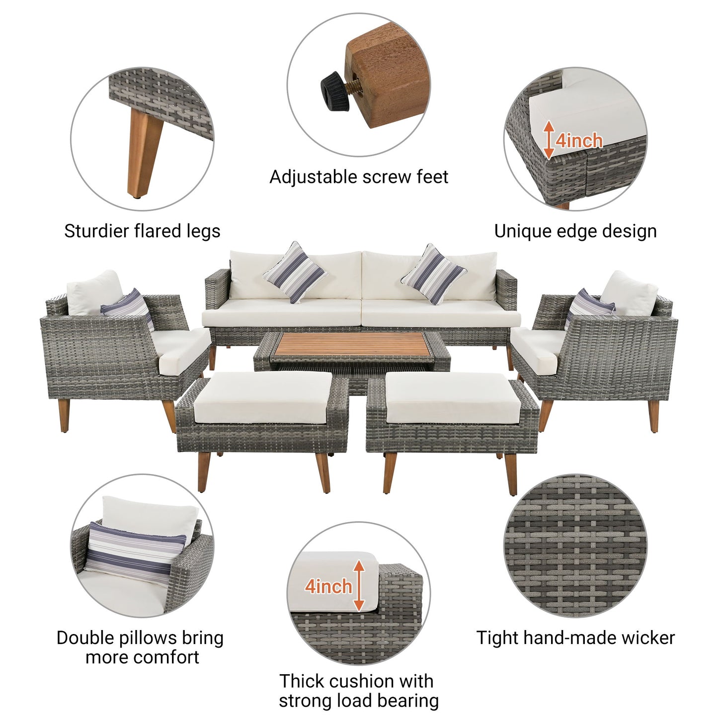6 Pieces All Weather Sofa Set, Outdoor Rattan Sofa With Double Cushions Hearth and Haven