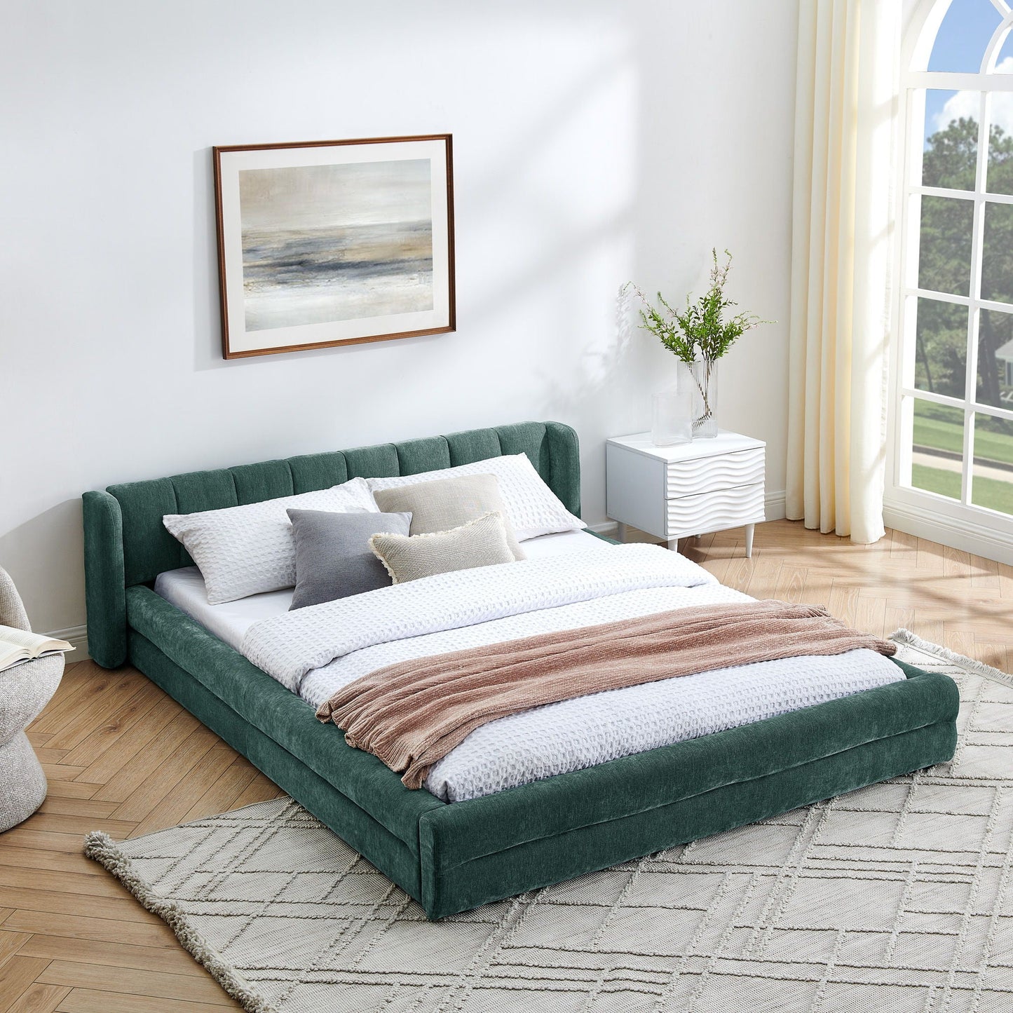Modern Upholstered Bed Frame With Thick Chenille Fabric And Headboard Home Essentials