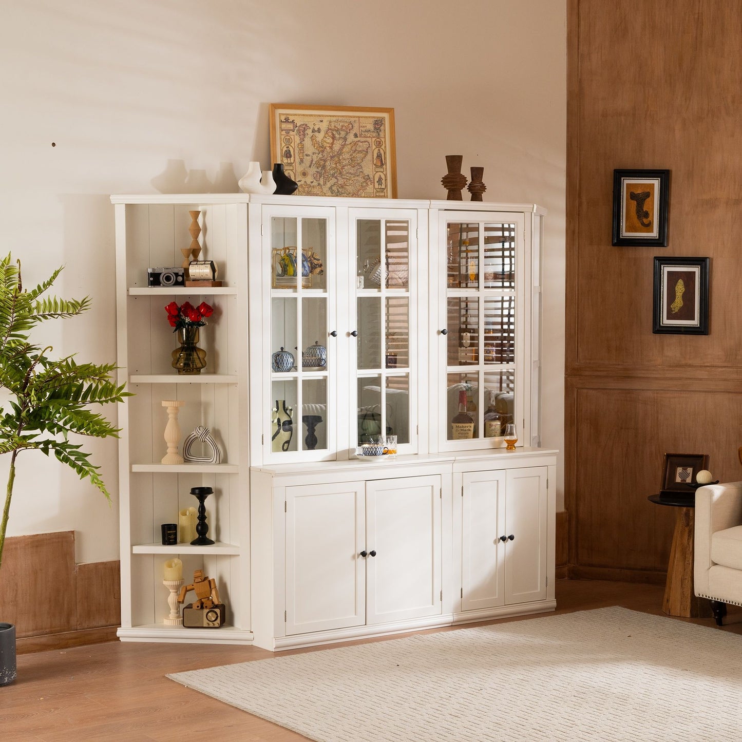 Retro Style Wall Suit With Glass Doors, 75.25" Tall Display Cabinets & Triangle Sided Bookshelves - White Hearth and Haven