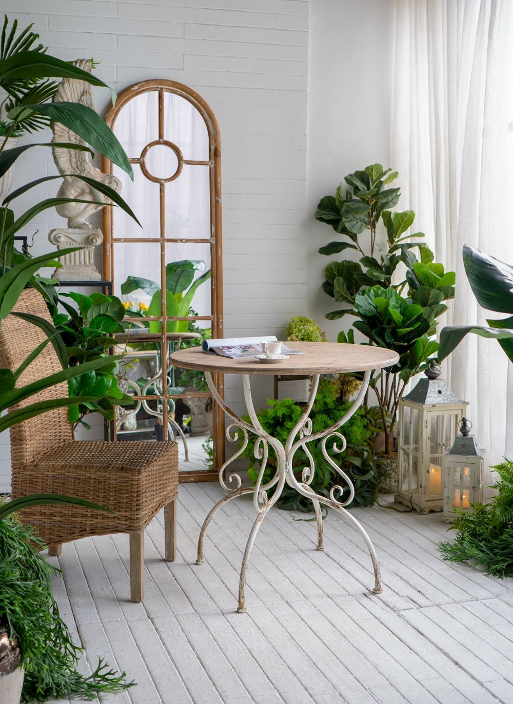 Round Wooden Table With Metal Scrollwork Legs - White Washed Home Essentials