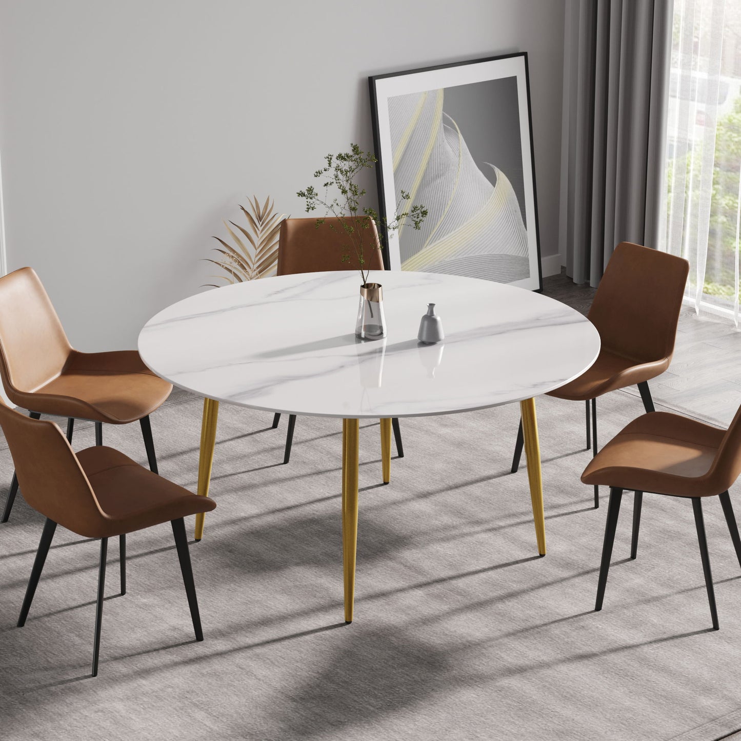 Modern Man-Made Stone Round Metal Dining Table-Position For 6 People Home Essentials