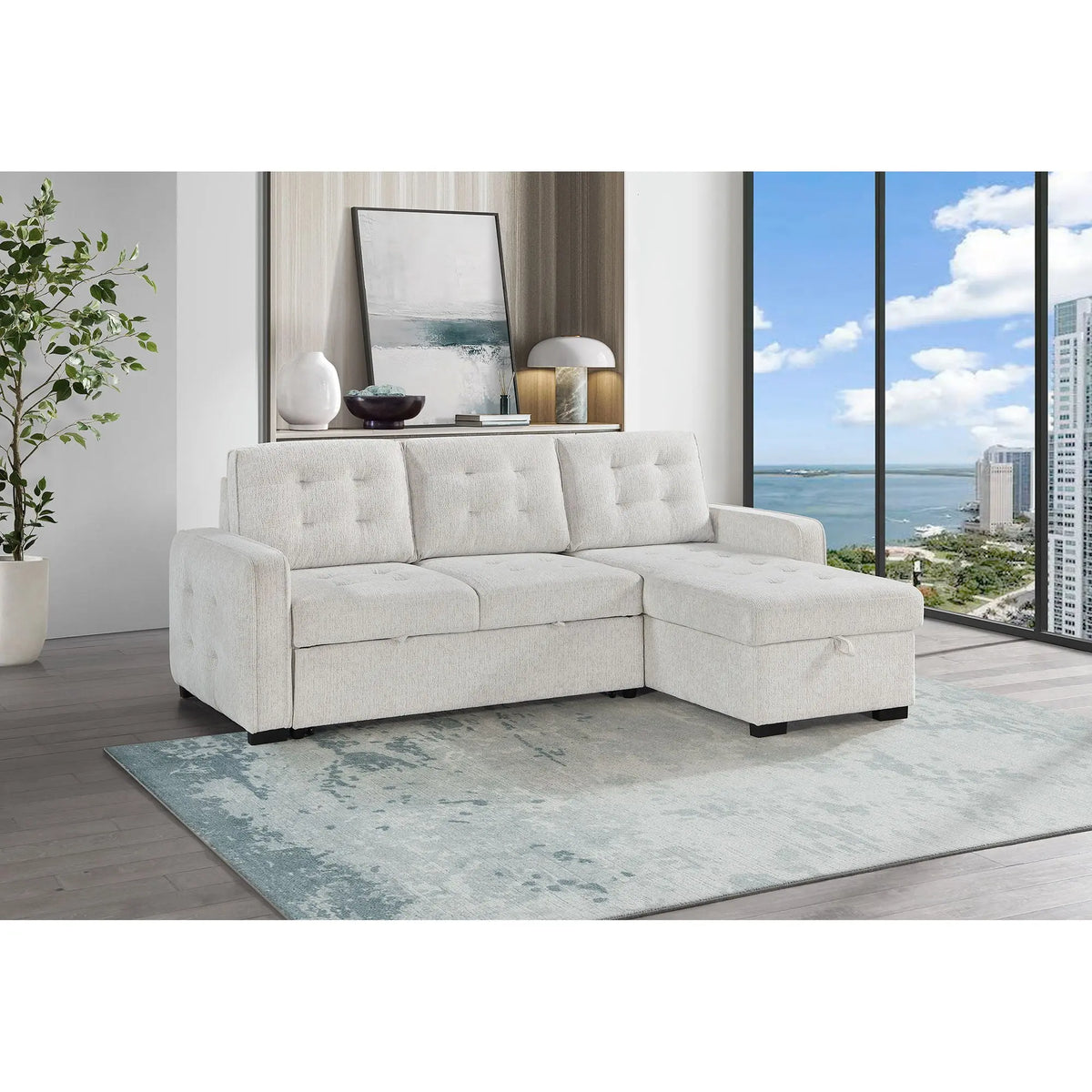 Gustavo - Sofa, Pull Out Bed, Storage Chaise, USB And Cup Holders - Beige Global Furniture USA