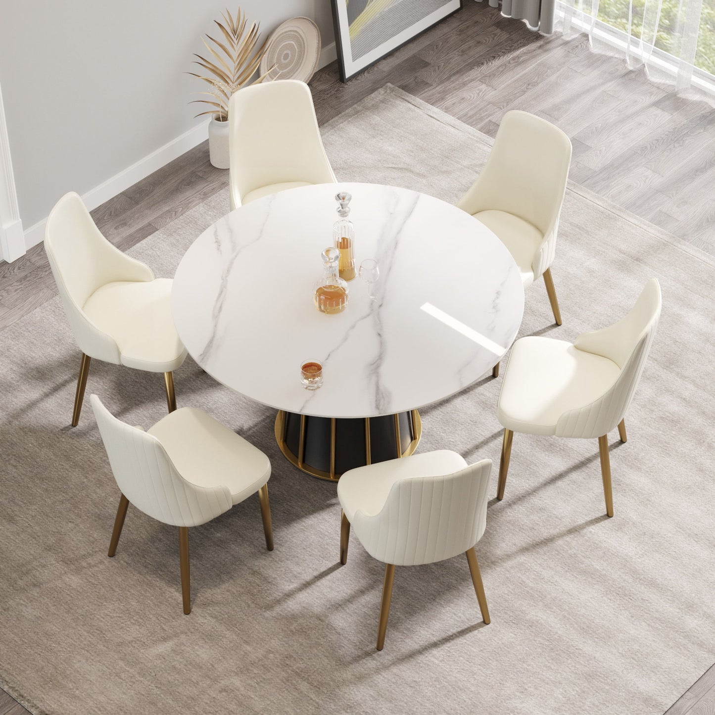 53.15" Modern Artificial Stone Round Panel Metal Iron Base Dining Table, Can Accommodate 6 People, (Not Including Chairs) - White / Black Home Essentials