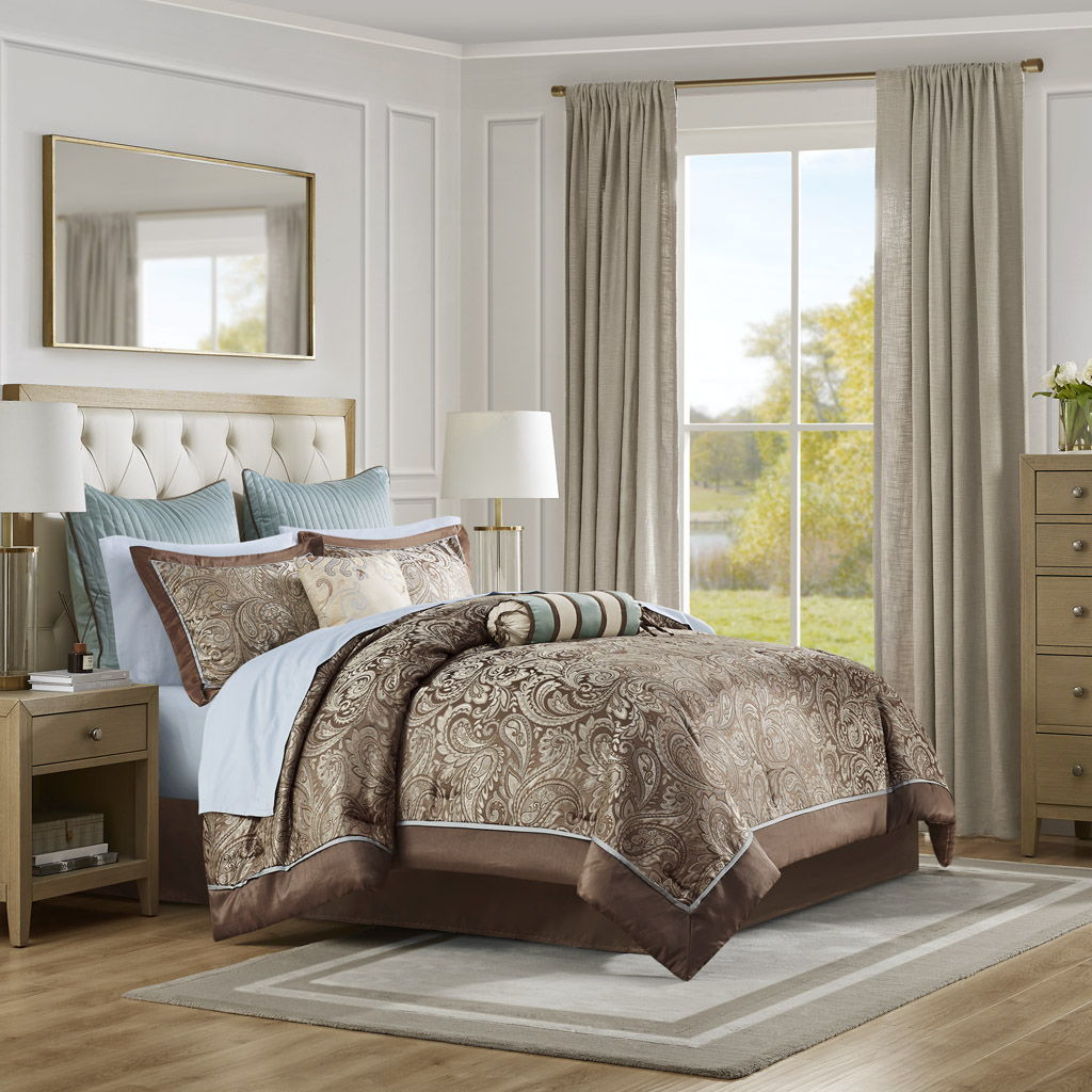 Aubrey - 12 Piece Complete Bed Set - Blue / Brown Madison Park