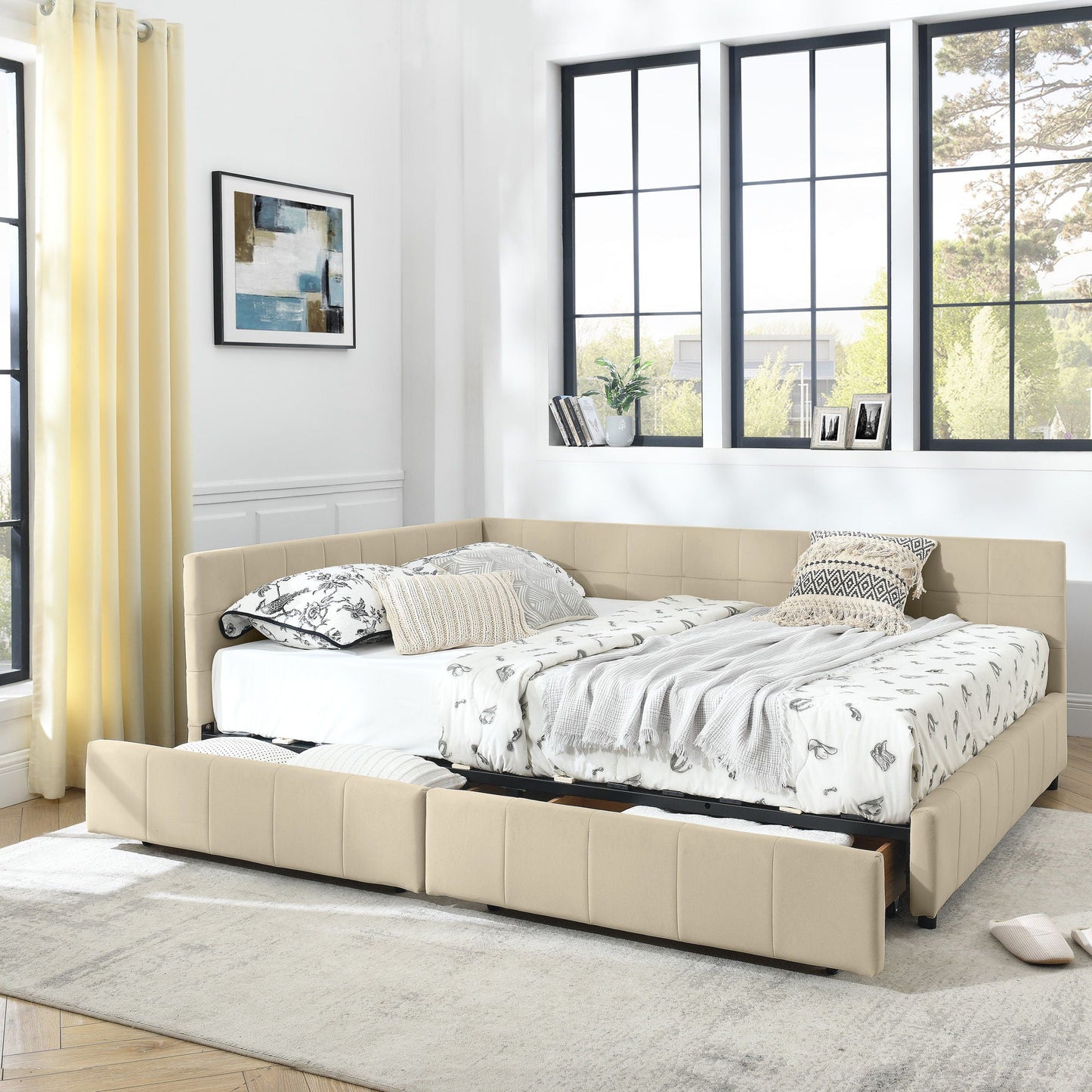 Mid-Century Storage Upholstered Tufted Bed Frame With Backrest And Armrests Home Essentials