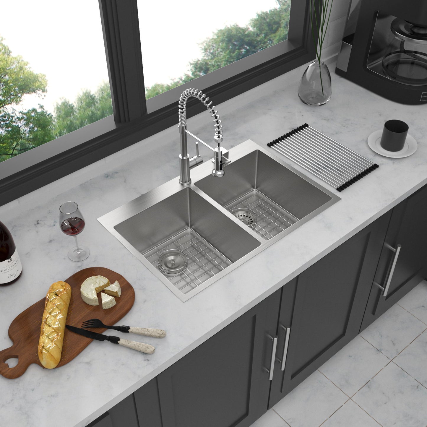 Modern Farmhouse Double Bowl Drop In Sink With 50 / 50 Split Design Stainless Steel - Brushed Nickel Daily Nest