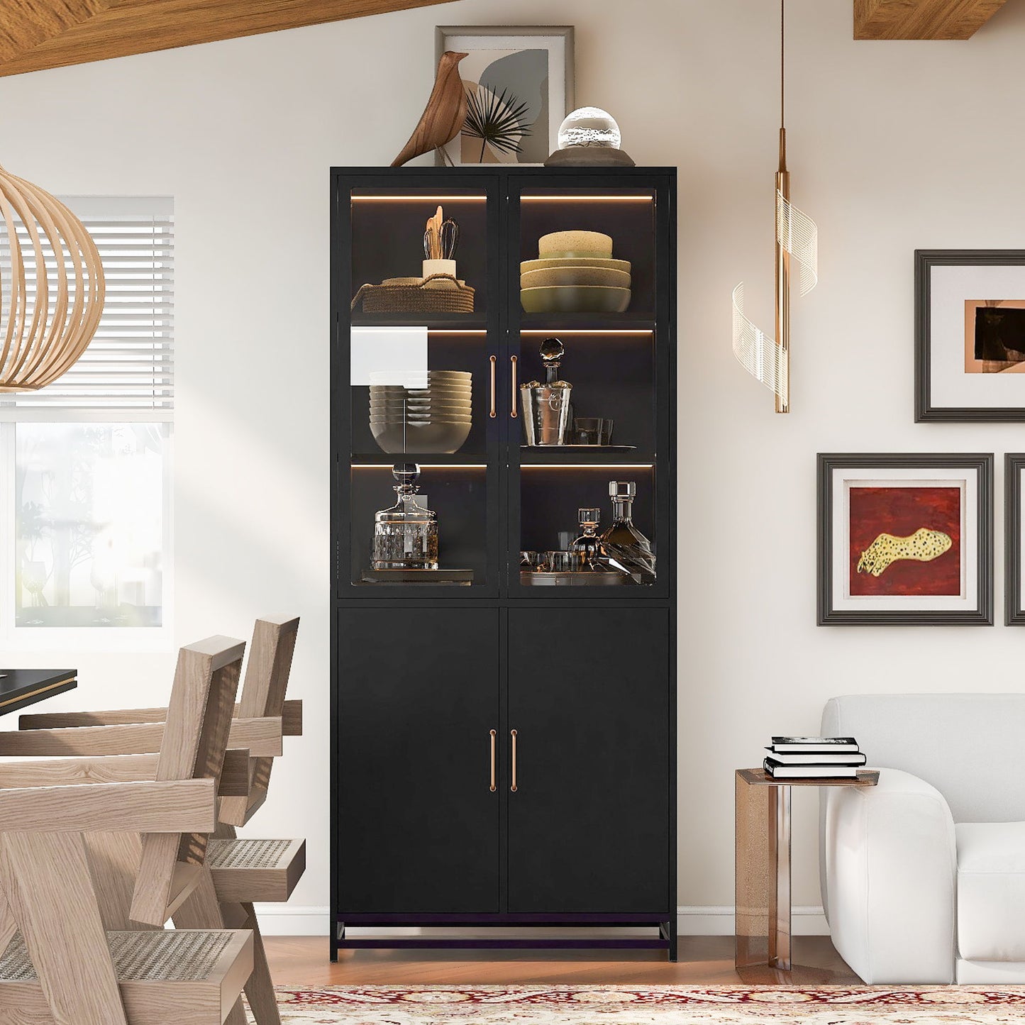 Modern Style Tall Steel Display Cabinet With Double Glass Doors, LED Lights Hearth and Haven