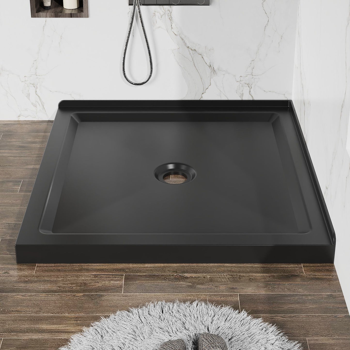 Shower Base, Anti Slip Center Drain Double Threshold - Black Daily Nest
