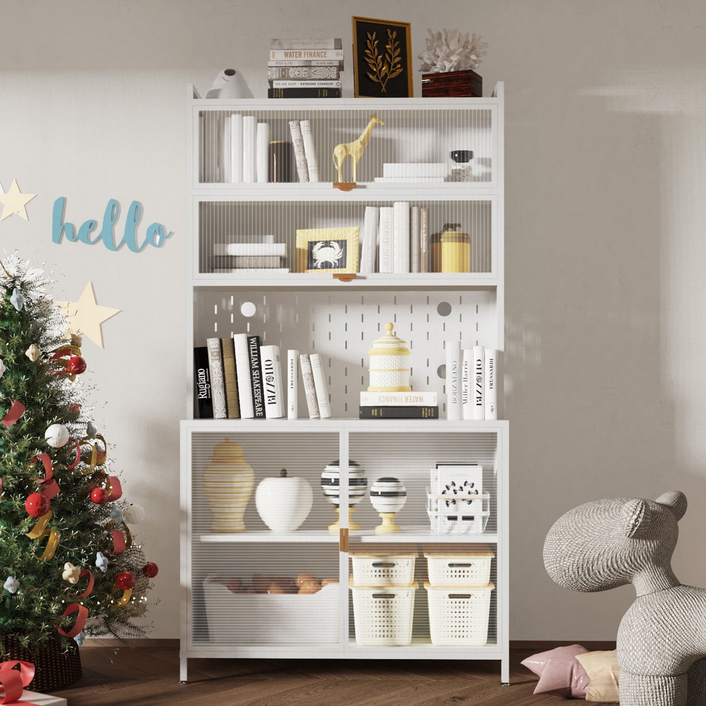 Tall Kitchen Pantry Cabinet With Flip Doors And Pegboard, Anti Tip Steel Storage Hutch Home Essentials
